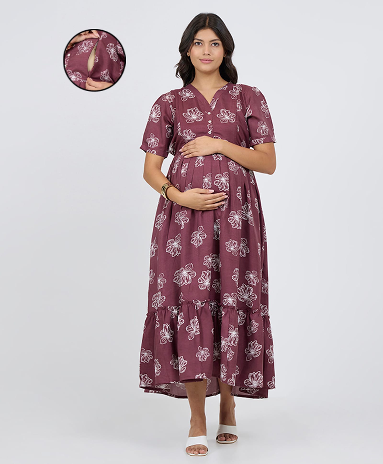 MomToBe Cotton Woven Half Sleeves Floral Printed Kurti With Side Zipper Nursing Access - Plum Wine-picture-6