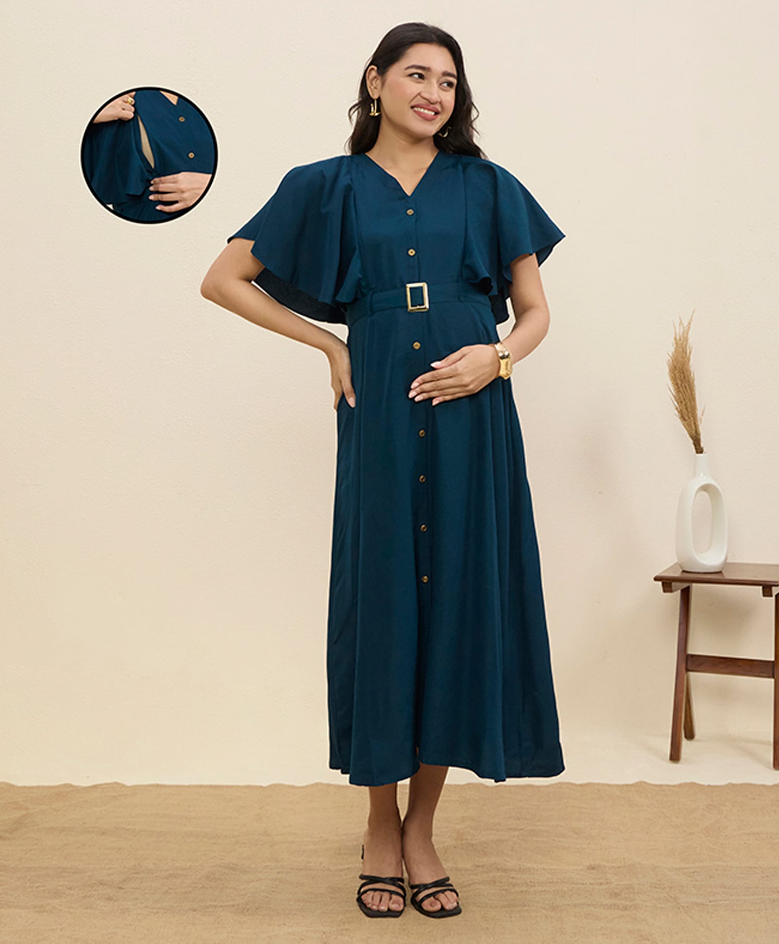 MomToBe Cotton Woven Half Flutter Sleeves Solid Maternity Dress With Side Zipper Nursing Access - Teal Blue-picture-16