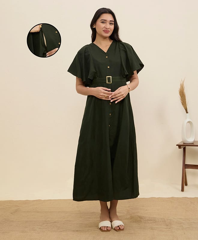 MomToBe Cotton Woven Half Sleeves Solid Maternity Dress With Side Zipper Nursing Access - Deep Olive-picture-17