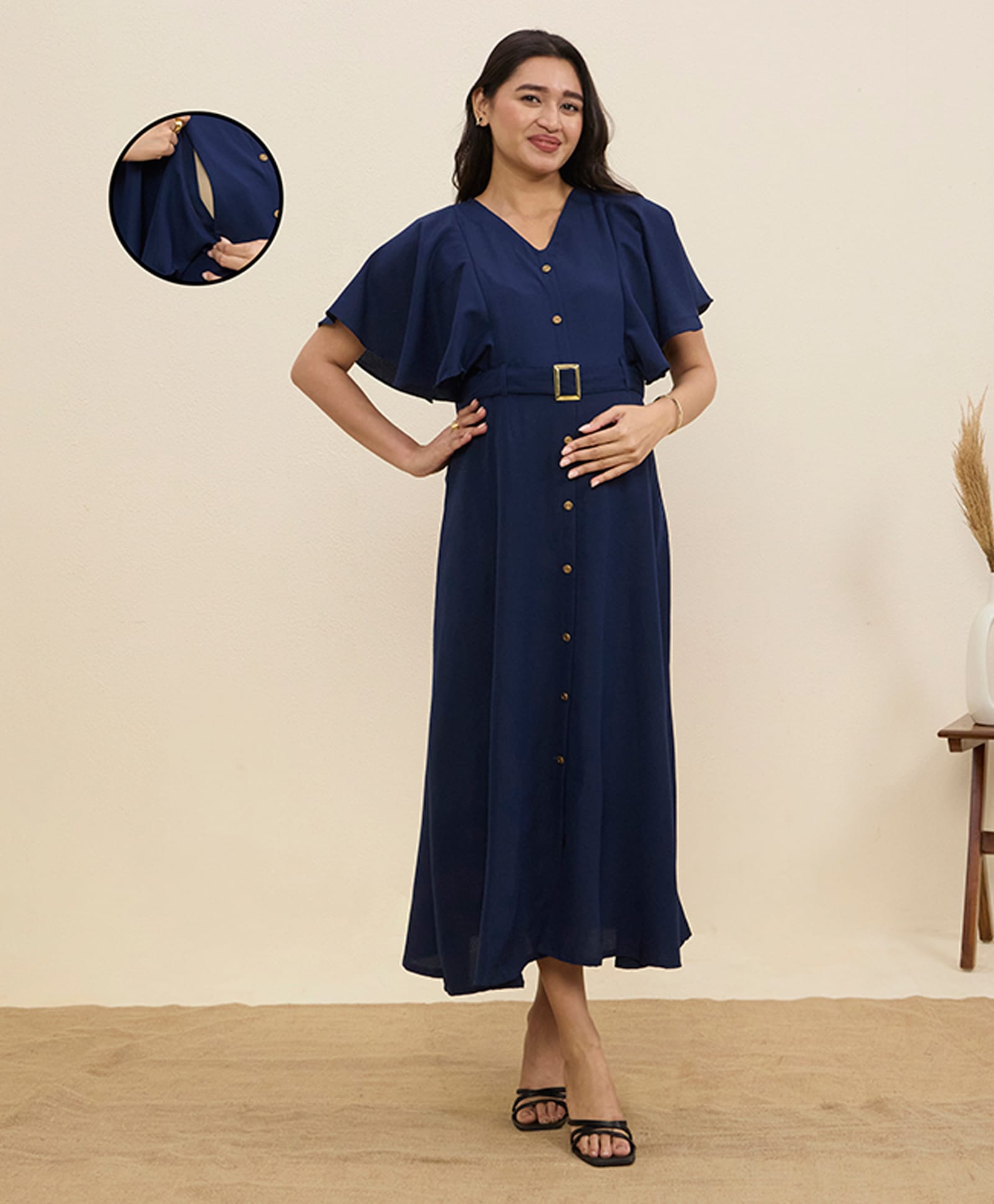MomToBe Cotton Woven Half Flutter Sleeves Solid Maternity Dress With Side Zipper Nursing Access - Navy Blue-picture-19