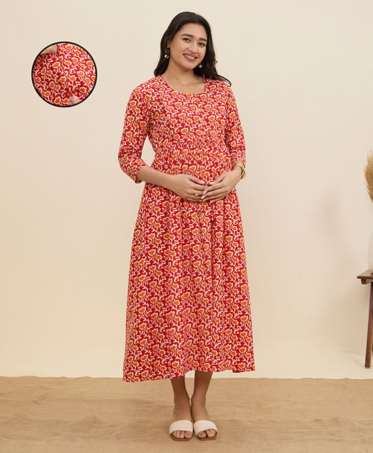 MomToBe Cotton Woven Three Fourth Sleeves Floral Printed Maternity Kurti With Side Zipper Nursing Access - Neon Red
