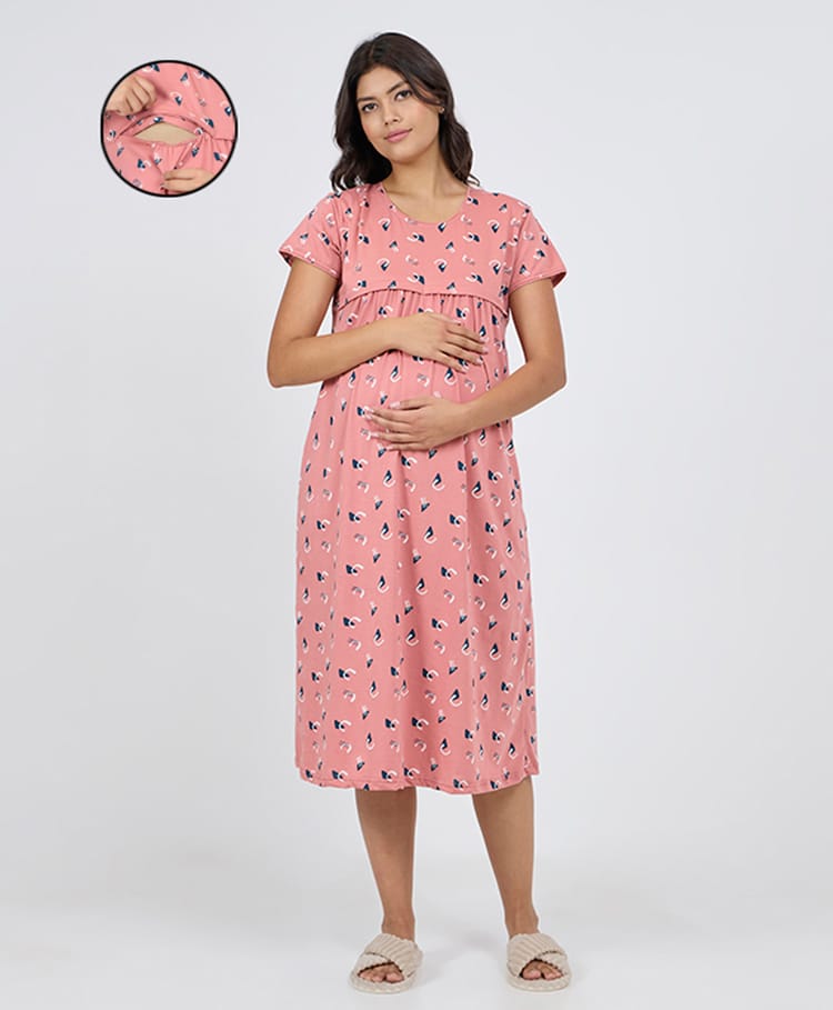 MomToBe Cotton Knit Half Sleeves Abstract Printed Maternity Nighty With Overlap Nursing Access - Dusty Peach-picture-32