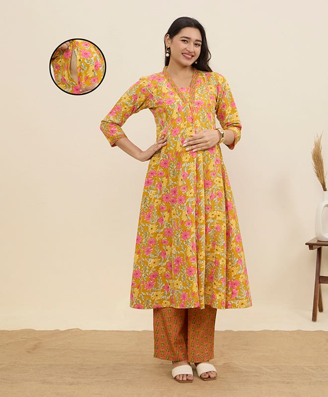 MomToBe Cotton Woven Three Fourth Sleeves Floral Printed Maternity Kurti With Side Zipper Nursing Access & Pants Set - Mustard Yellow-picture-26