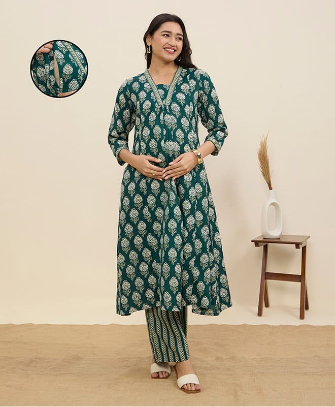 MomToBe Cotton Woven Three Fourth Sleeves Floral Printed Maternity Kurti With Side Zipper Nursing Access & Pants Set - Castleton Green-image-22