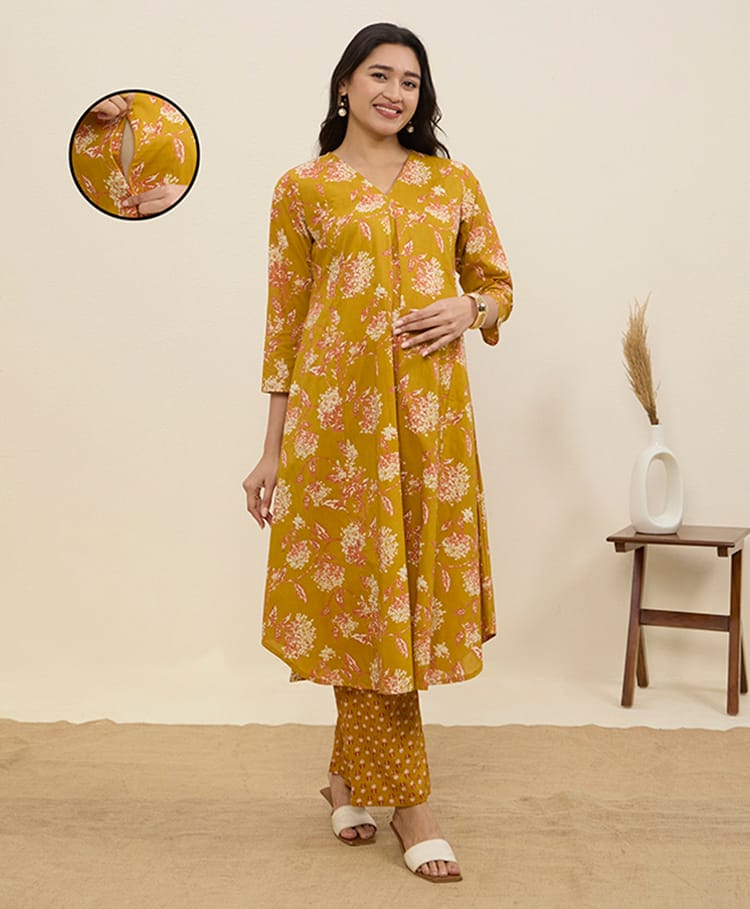MomToBe Cotton Woven 3/4Th Sleeve Floral Printed Maternity Suit Set With Side Zipper Nursing Access - Goldenrod Yellow-picture-30
