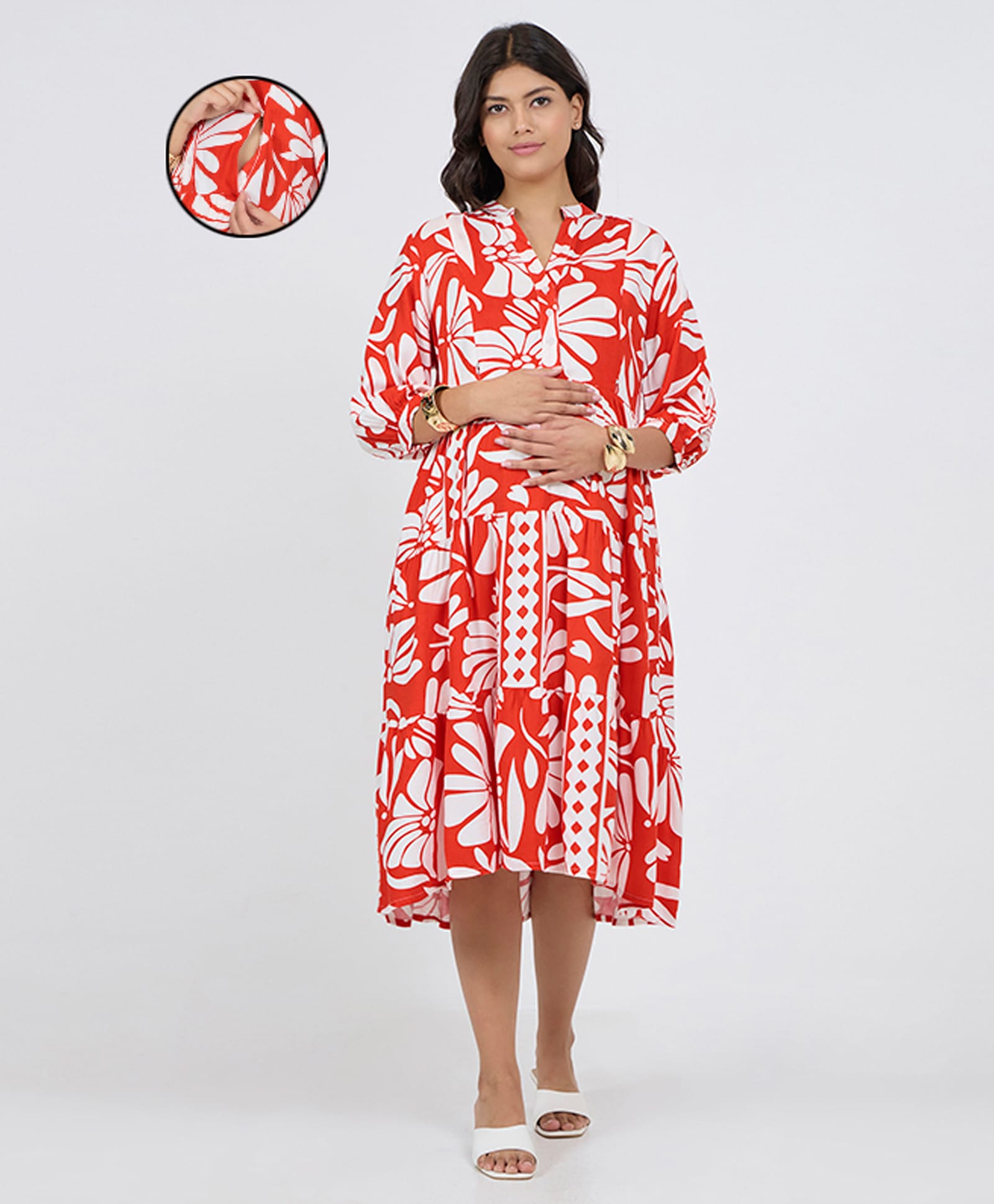 MomToBe Twill Woven Three Fourth Sleeves Floral Printed Maternity Dress With Side Zipper Nursing Access - Red & White-image-49