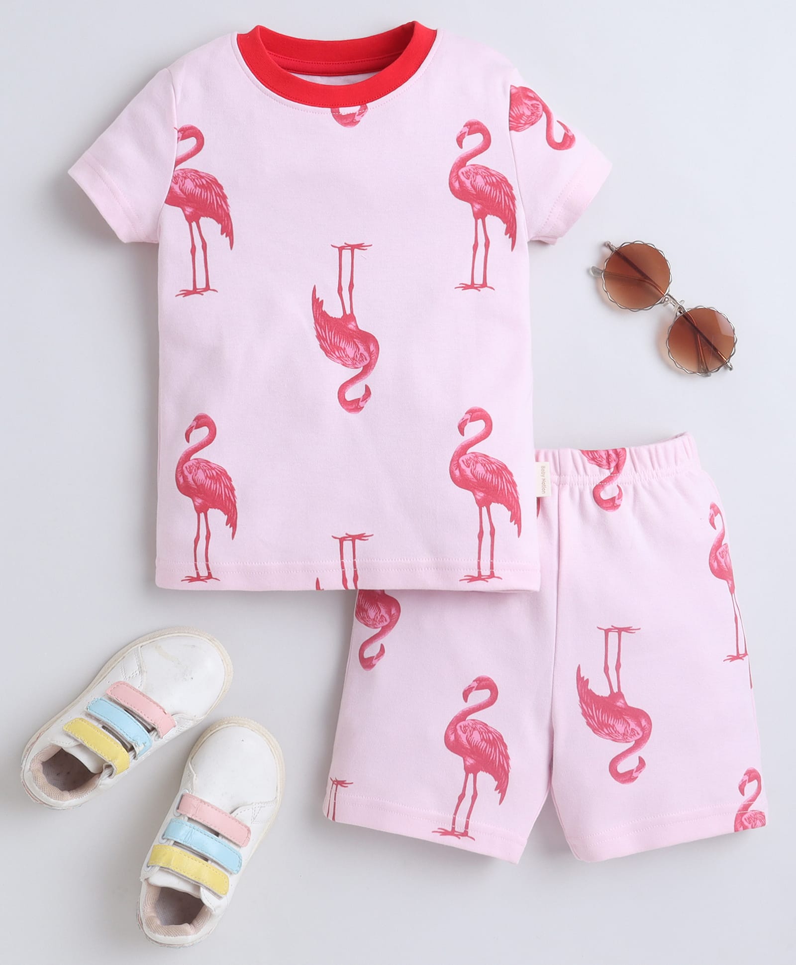 BABY NATION Cotton Knit Half Sleeves Flamingo Printed Coordinating Tee & Shorts Set - Baby Pink-picture-31