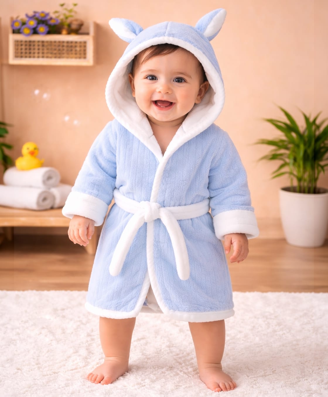 The little lookers Microfiber Knit Full Sleeves Solid Baby Hooded Bathrobe With Ear Applique - Blue-image-13