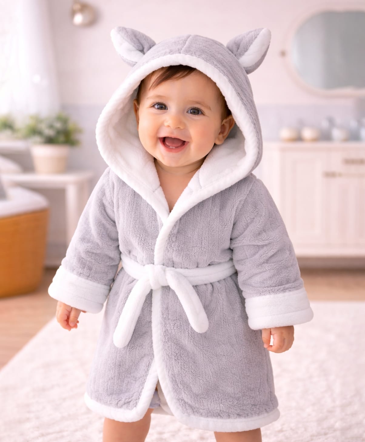 The little lookers Microfiber Knit Full Sleeves Solid Baby Hooded Bathrobe With Ear Applique - Grey-image-5