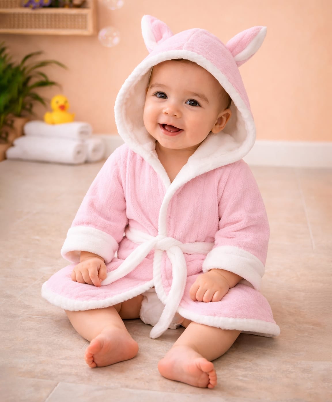 The little lookers Microfiber Knit Full Sleeves Solid Baby Hooded Bathrobe With Ear Applique - Pink-image-23