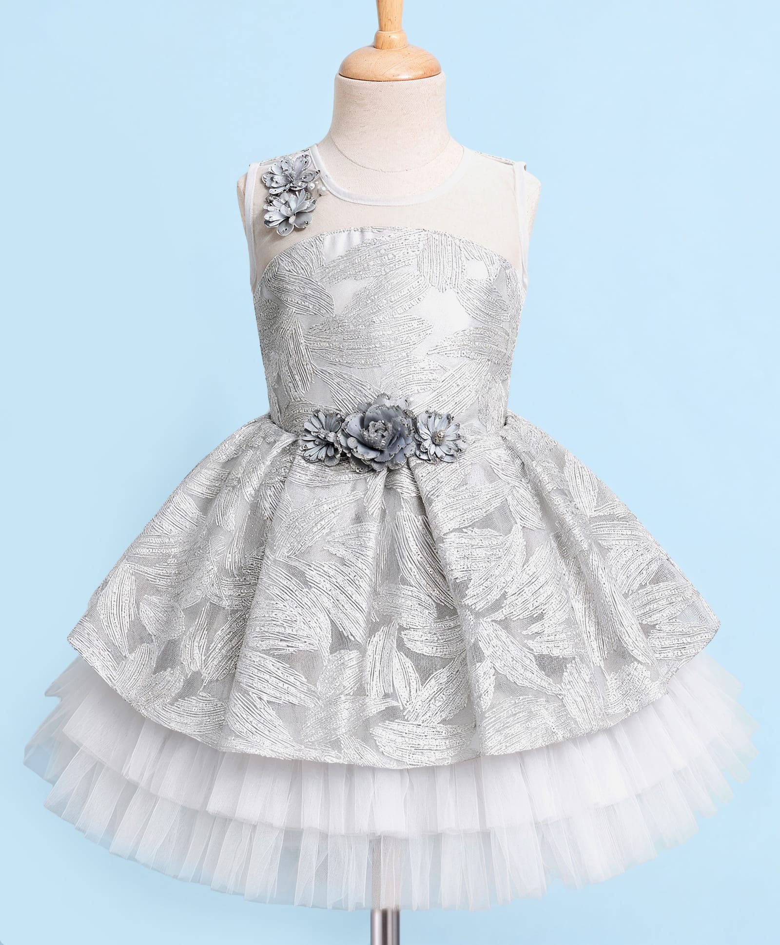 Enfance Net Woven Sleeveless Sequinned Fit & Flared Party Dress With Floral Corsage - Grey-picture-3