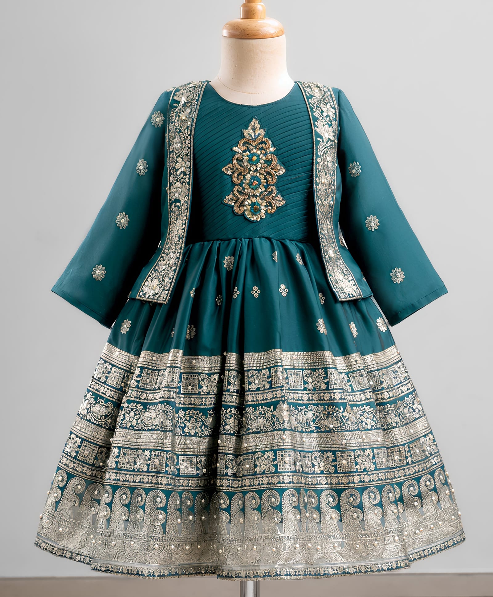 Enfance Woven Full Sleeves Sequin & Flower Embroidery Dress With Jacket - Bottle Green-picture-16