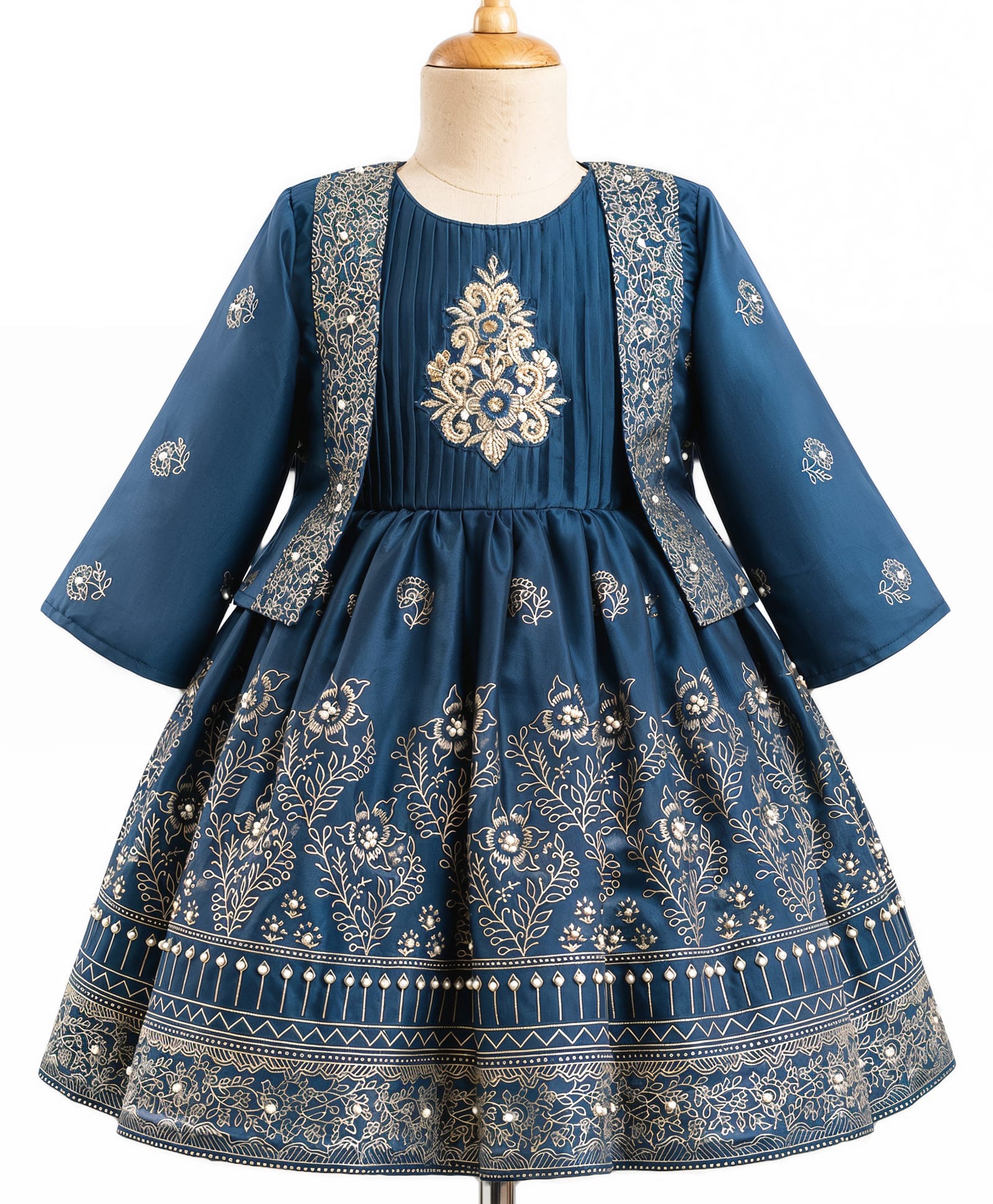 Enfance Silk Woven Full Sleeves Sequin & Floral Embroidered Dress With Jacket - Blue-image-36