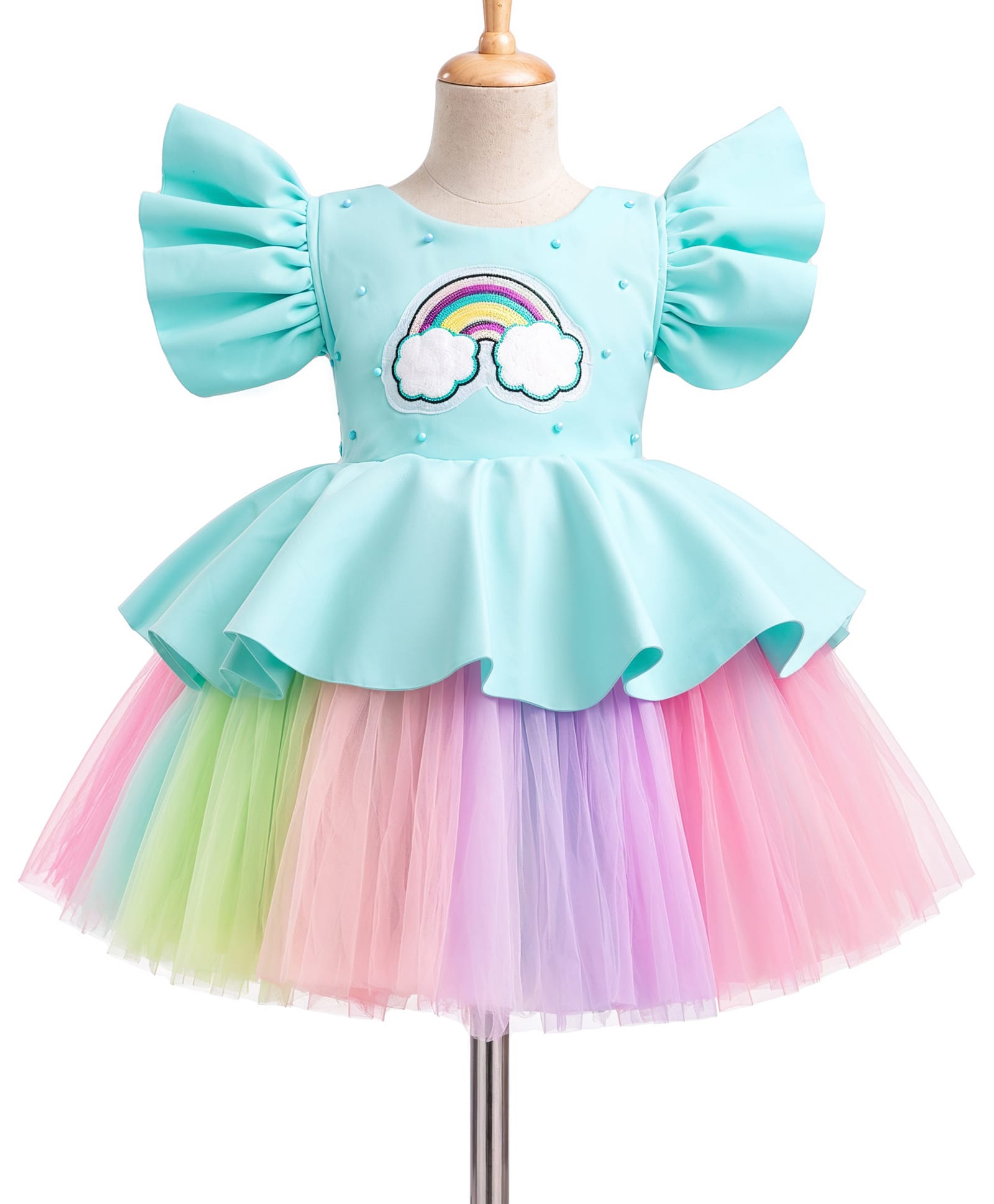 Enfance Cotton Mixes Woven Half Sleeves Flared Party Dress With Rainbow & Pearl Embellishment - Light Green-image-18