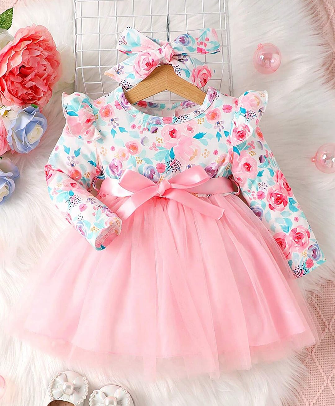 The Kids Club Cotton Lycra Woven Full Sleeves Frill & Bow Applique Detailed Tutu Style Dress - Pink-image-33