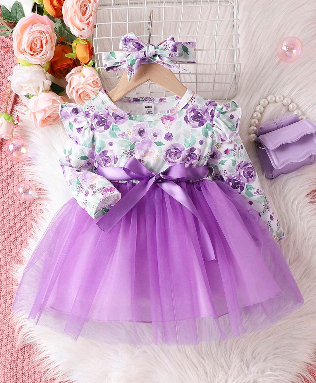 The Kids Club Cotton Lycra Woven Full Sleeves Frill & Bow Applique Detailed Floral Printed Tutu Style Dress - Purple-image-23