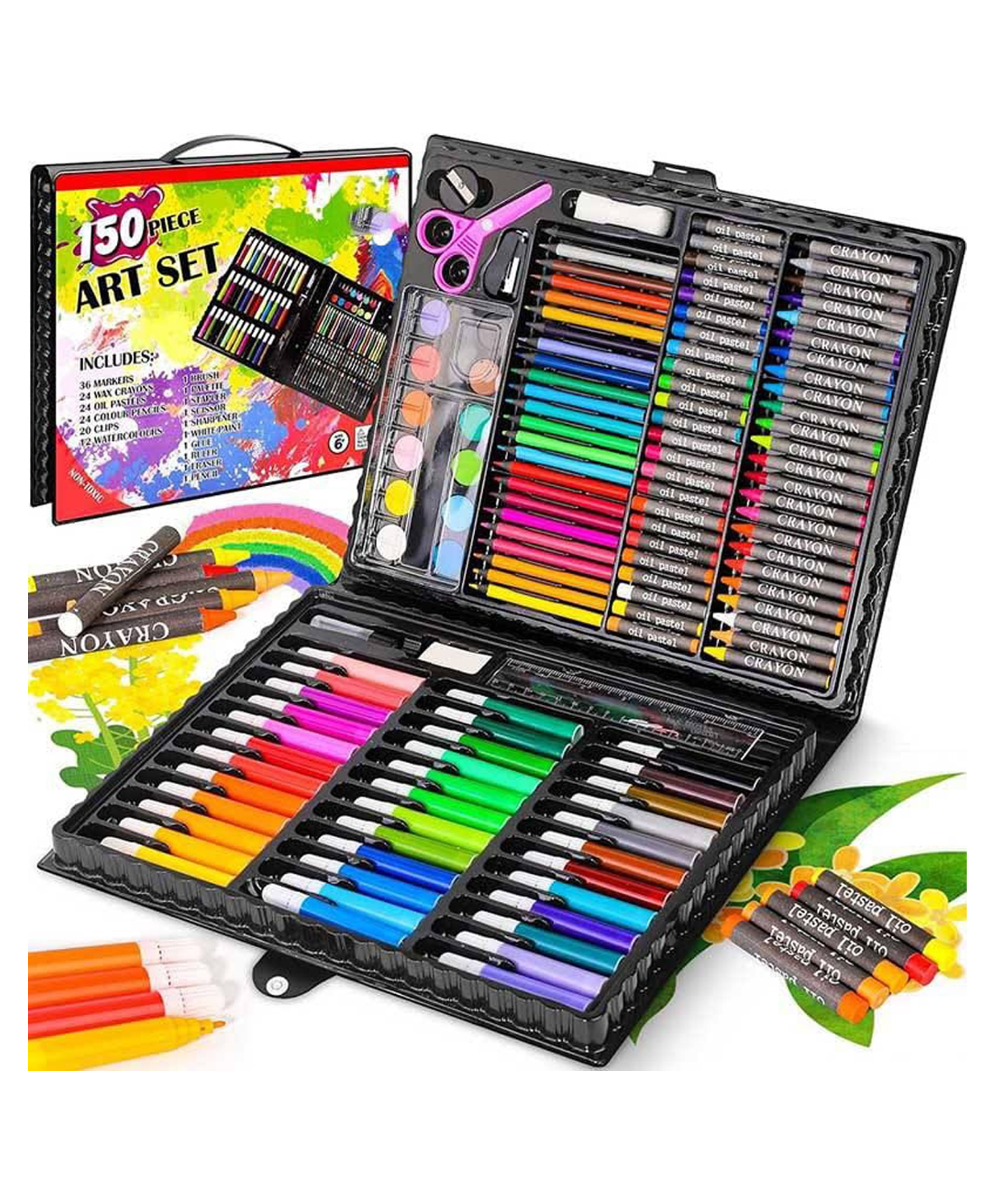 FUNVERSE Arts and Crafts Supplies, 150-Pack Drawing Painting Set for Kids Girls Boys Teens, Coloring Art Kit Gift: Crayons, Oil Pastels, Watercolors Cake, Colored Pencils Markers-image-42