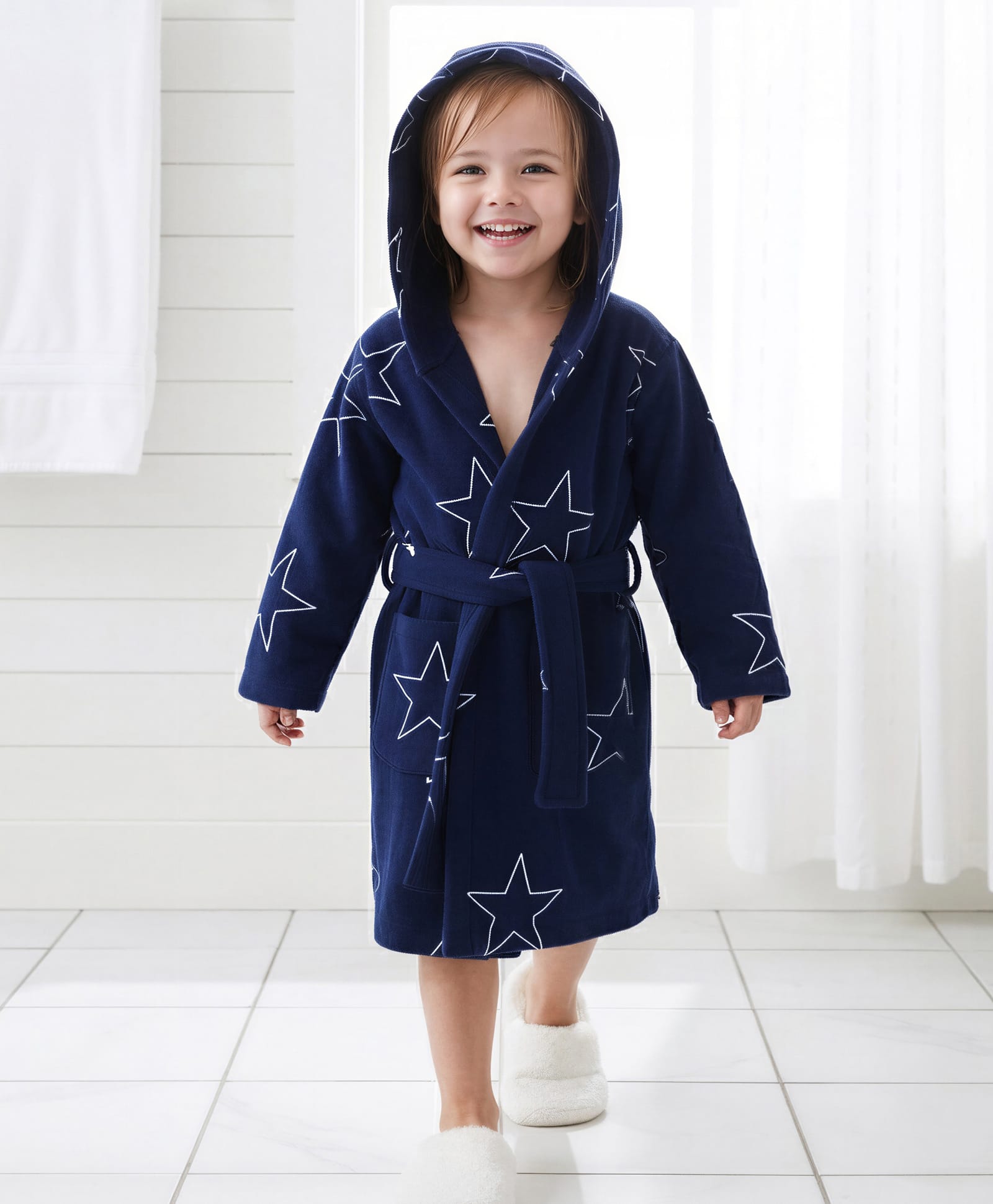Babyhug Terry Knit Full Sleeves Hooded Bath Robe With Star Print - Navy Blue-image-45