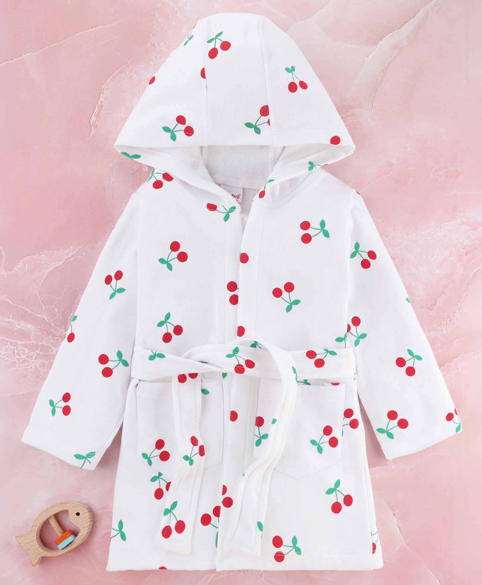 Babyhug Terry Knit Full Sleeves Cherry Printed Hooded Bath Robe - White-image-28