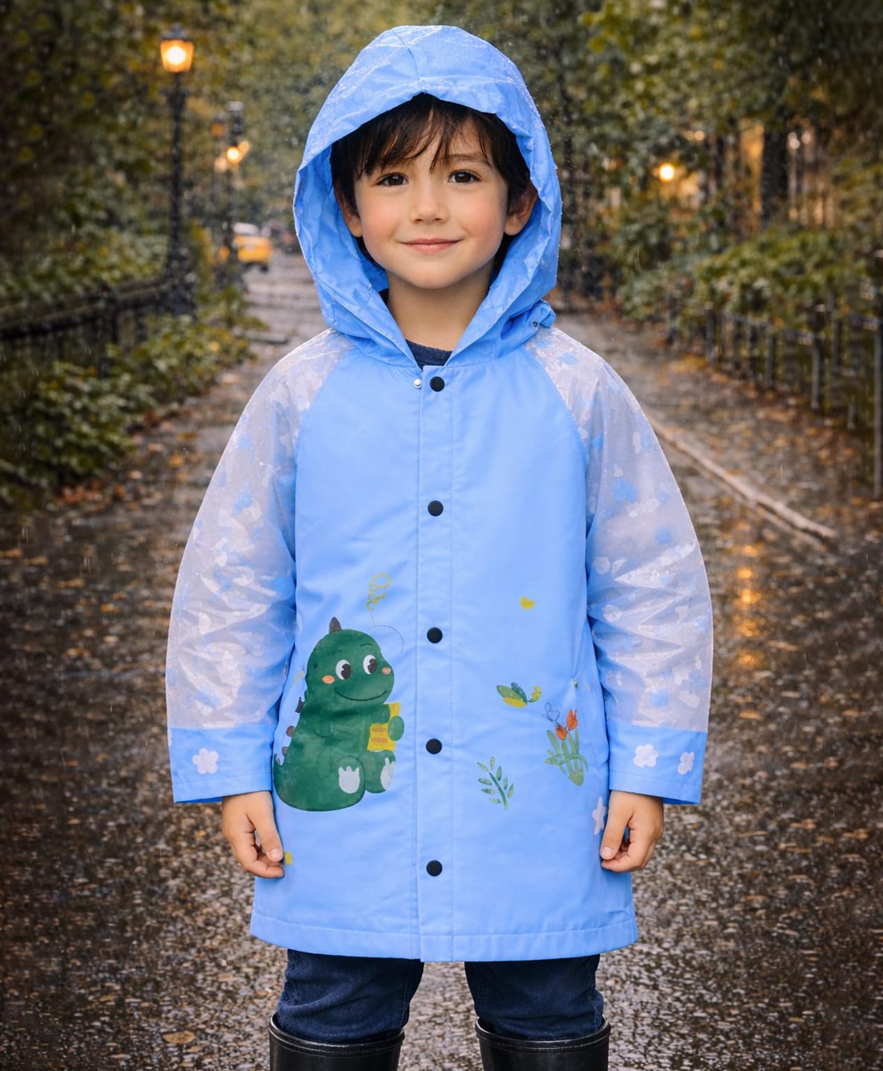 The little lookers Full Sleeves Dinosaur Printed Hooded Raincoat - Blue-image-28