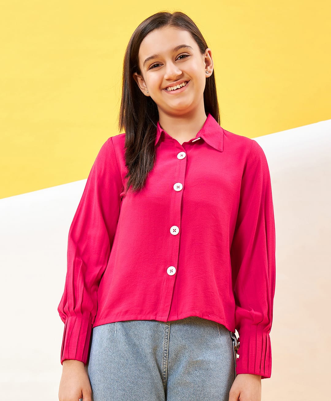 StyloBug Rayon Woven Full Sleeves Solid Shirt Style Top - Magenta-image-26