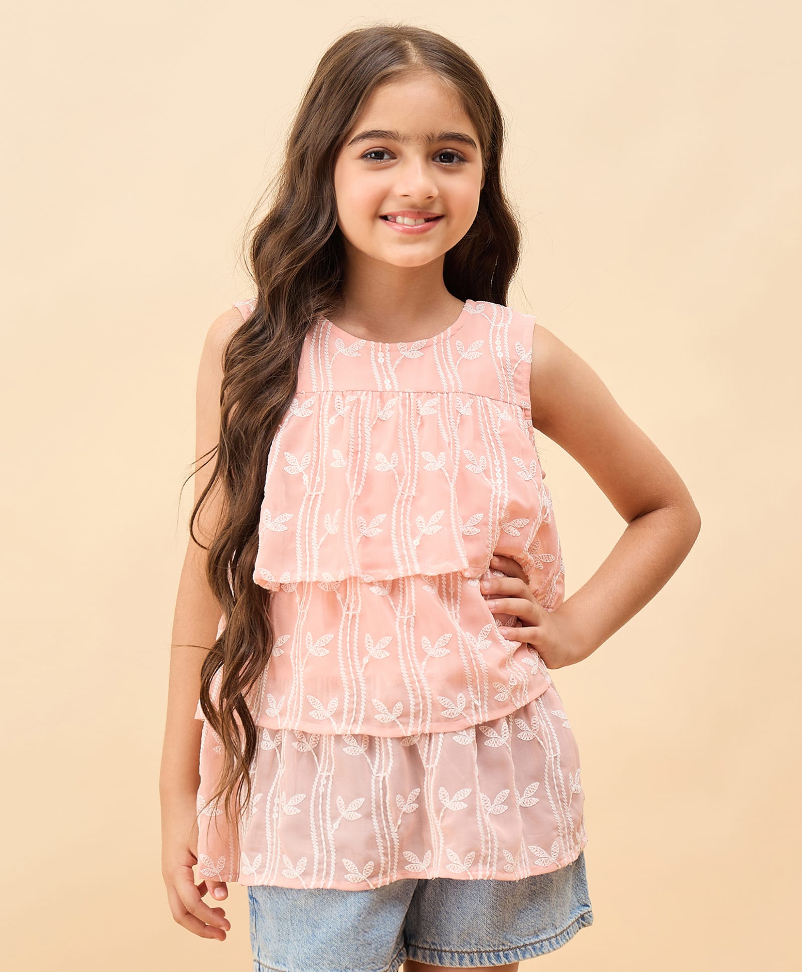 StyloBug Woven Sleeveless Floral Embroidered Tiered Top - Peach-image-29