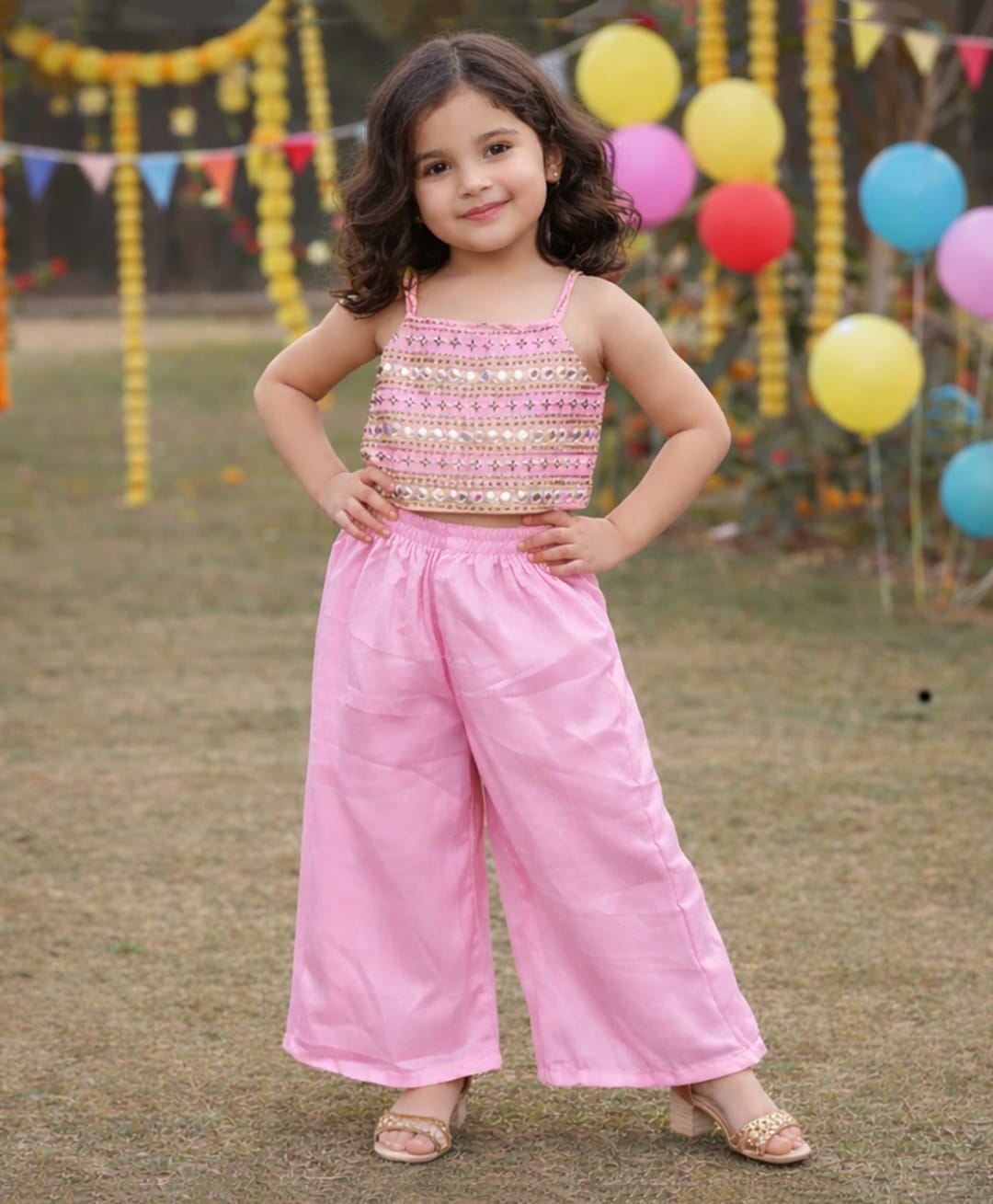 The Magic Wand Woven Sequins Embellished Sleeveless Mirror & Thread Work Detailed Top & Palazzo Set - Pink-picture-25