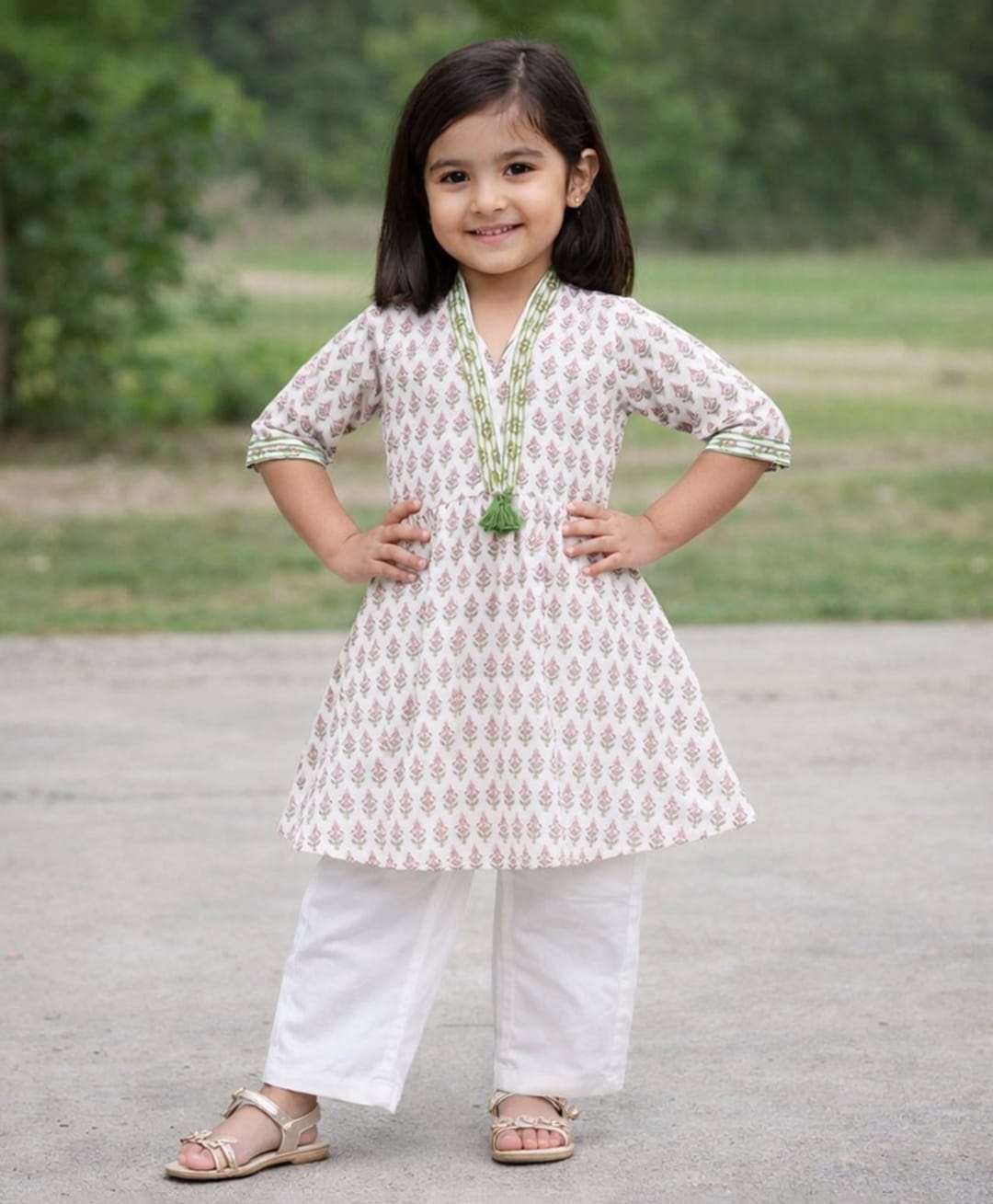 The Magic Wand Cambric Woven Three Fourth Sleeves Butti Printed Kurti Salwar Set - Off White-picture-10