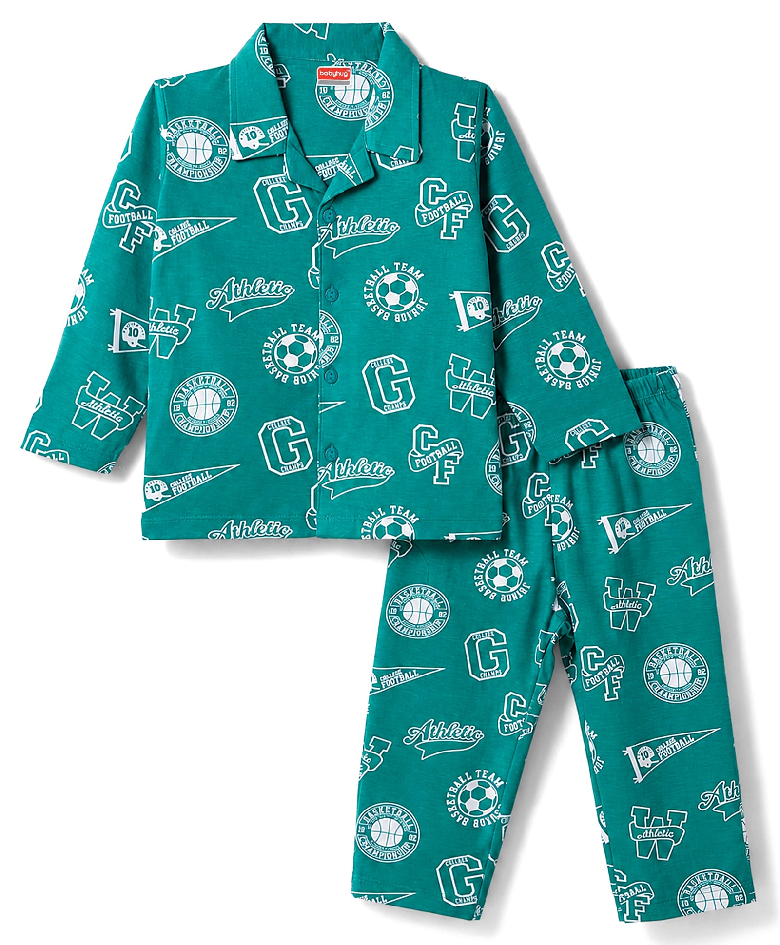 Babyhug Cotton Knit Full Sleeves Sports Theme & Text Printed Co-Ords Shirt & Pyjama Night Suit - Green-image-19