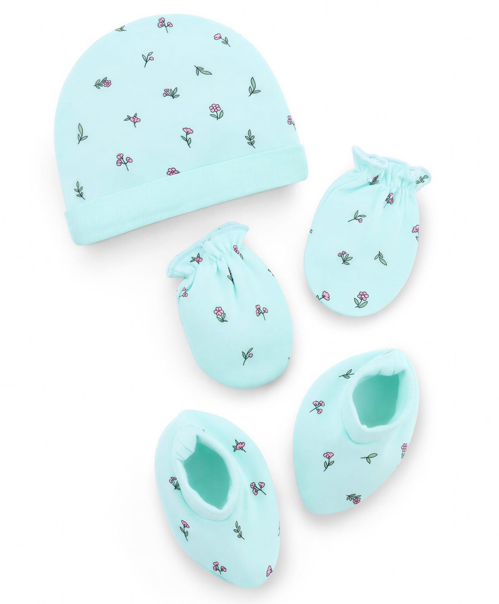 Babyhug 100% Cotton Interlock Knit Cap Mittens & Booties Set With Floral Print Aqua Blue - Diameter 15.5 cm-picture-22