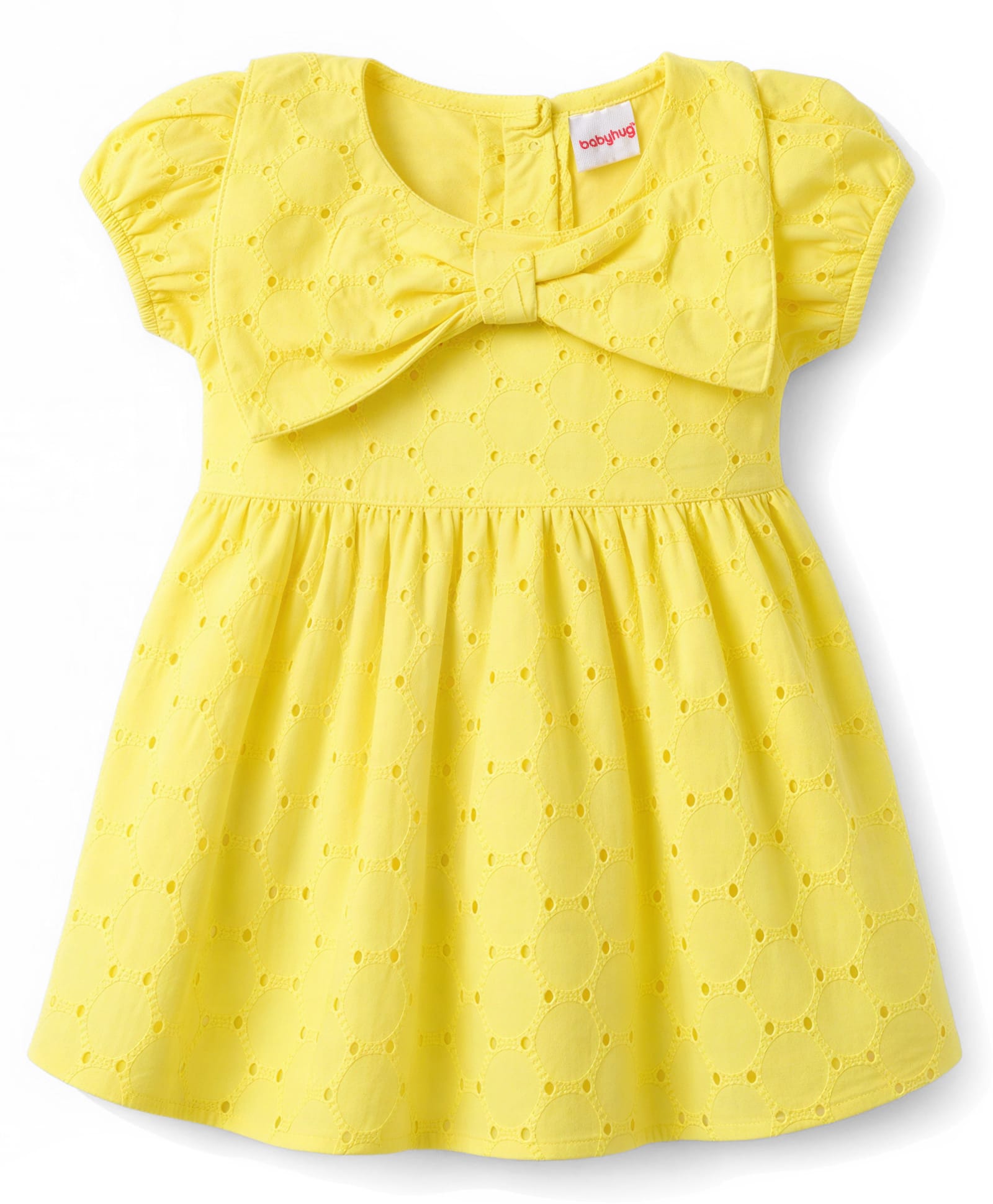 Babyhug Cotton Woven Sleeveless Solid Colour Schiffli Dress with Bow - Yellow-picture-22