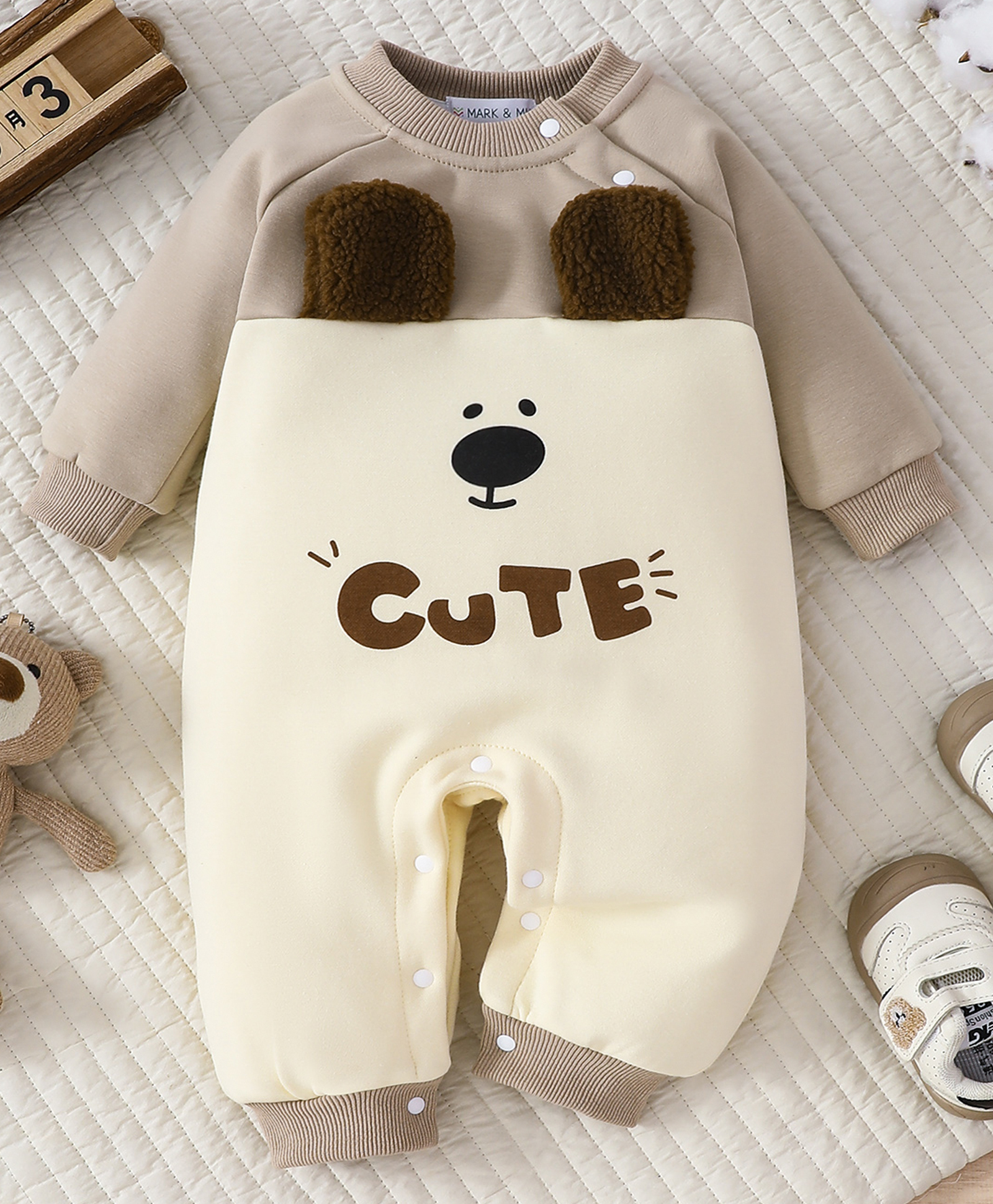 Mark & Mia Cotton Full Sleeves Winter Wear Romper With Bunny Ear Applique & Text Print - Brown-image-38
