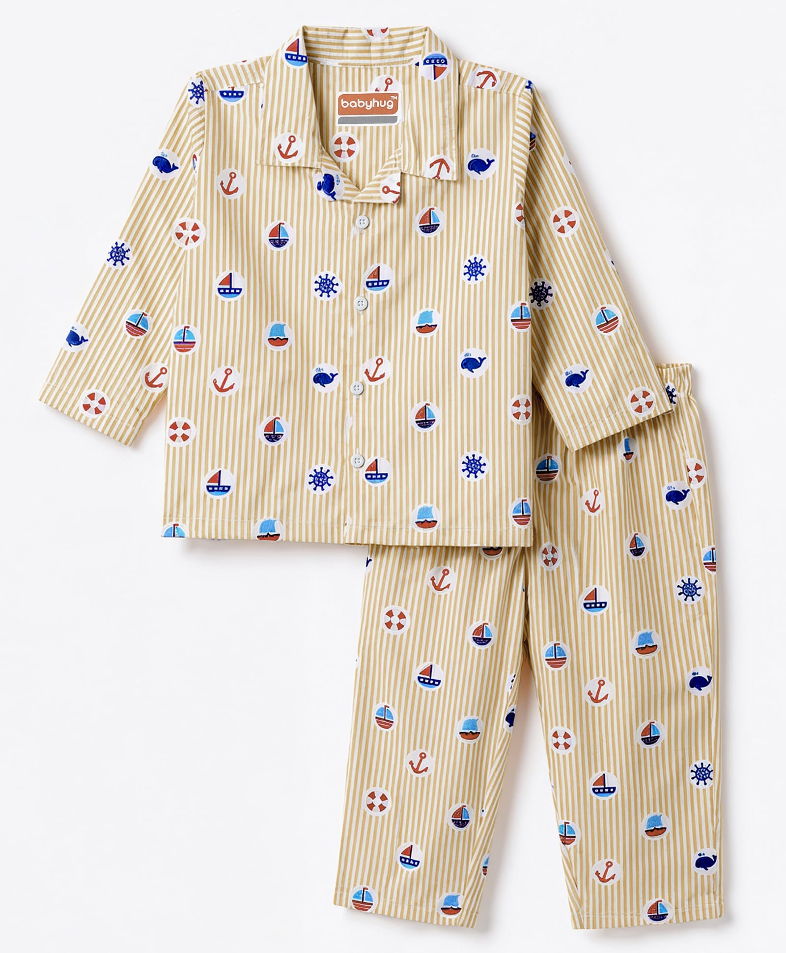 Babyhug Cotton Woven Full Sleeves Striped & Nautical Theme Printed Co-Ords Shirt & Pyjama Night Suit - Yellow-image-39
