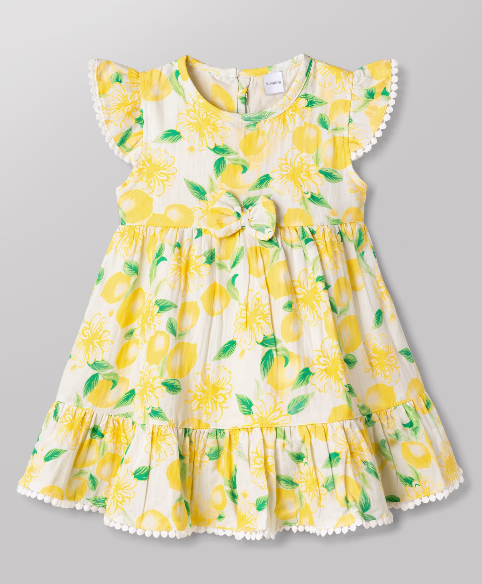 Babyhug Rayon Woven Frill Sleeves Floral Printed Frock with Bow Applique- Yellow & White-picture-16