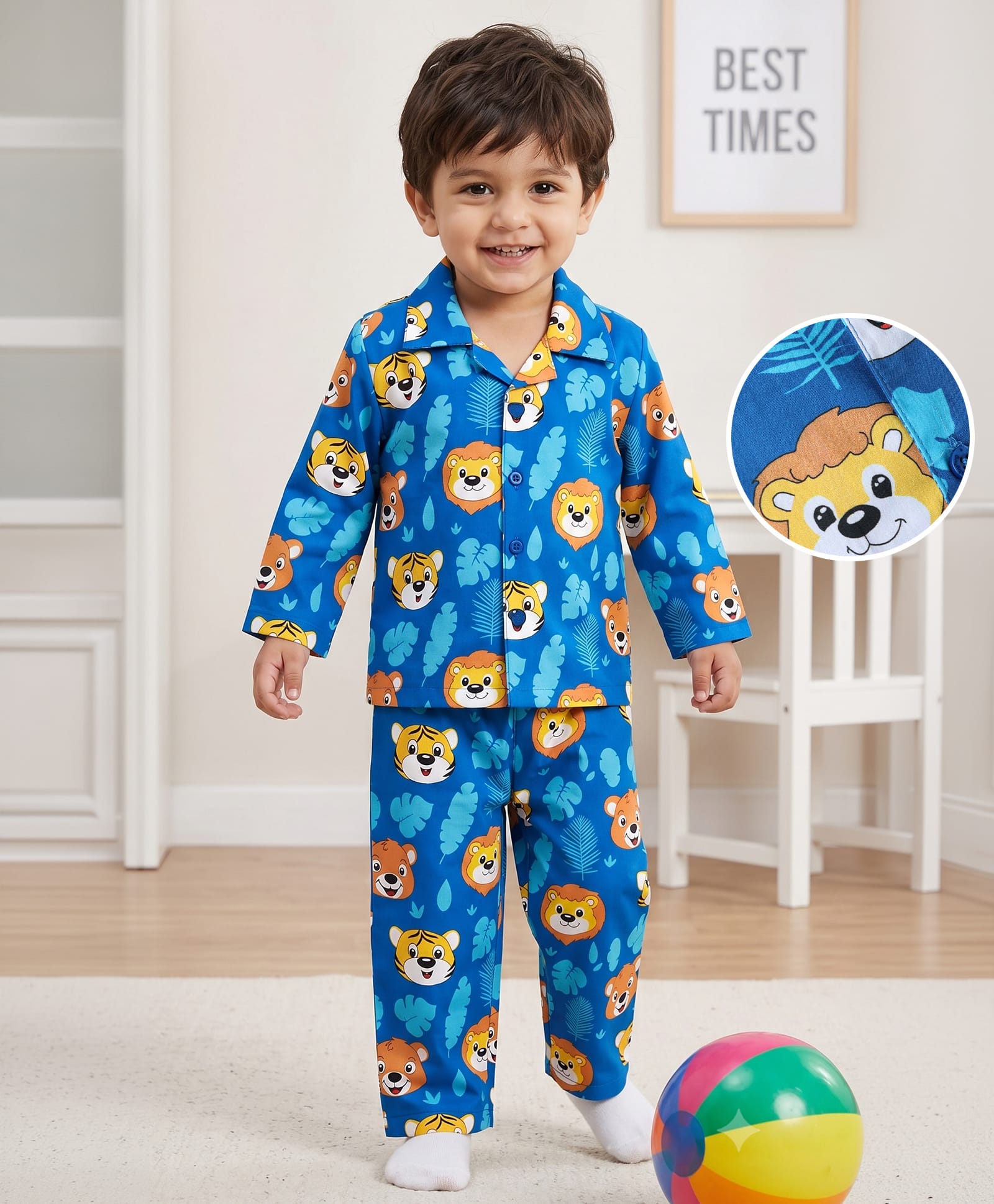 Babyhug Cotton Woven Full Sleeves Front Open Co-Ords Cub Face Printed Shirt & Pajama Night Suit - Navy-image-35