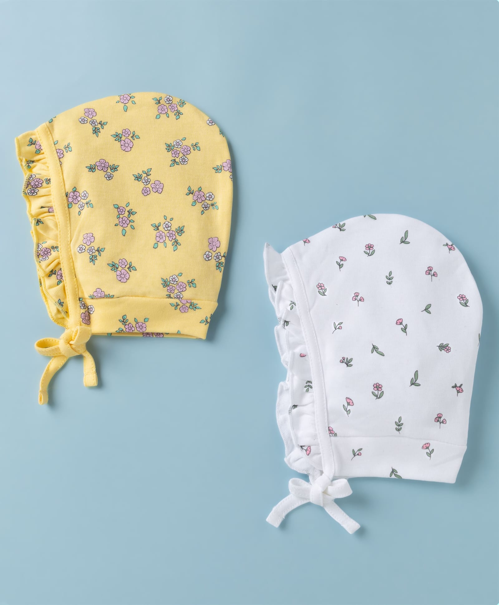 Babyhug 100% Cotton Interlock Knit Frilled Baby Caps with Floral Print Pack of 2 Yellow & White - Diameter 14 cm-image-41