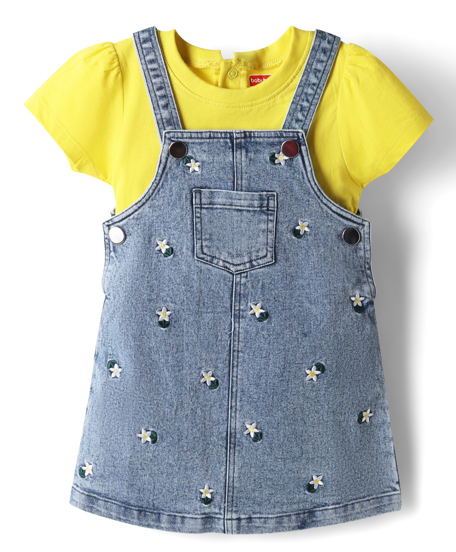 Babyhug Woven Half Sleeve Denim Floral Embroidered Frock with Inner Tee - Blue-image-36