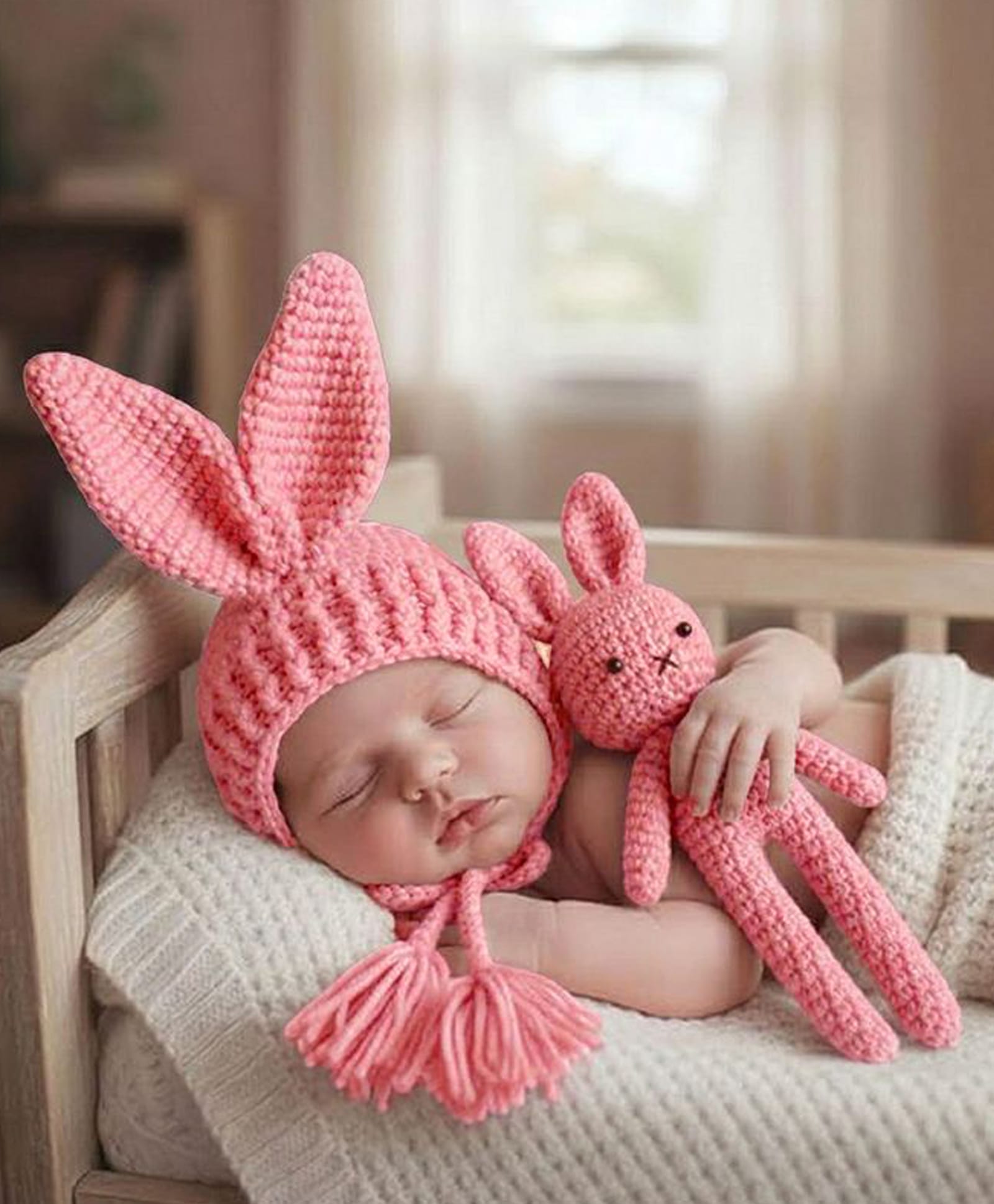 Babymoon Knitted Set Of 2 Crochet & Ears Applique Detailed Cap & Toy - Pink-picture-16