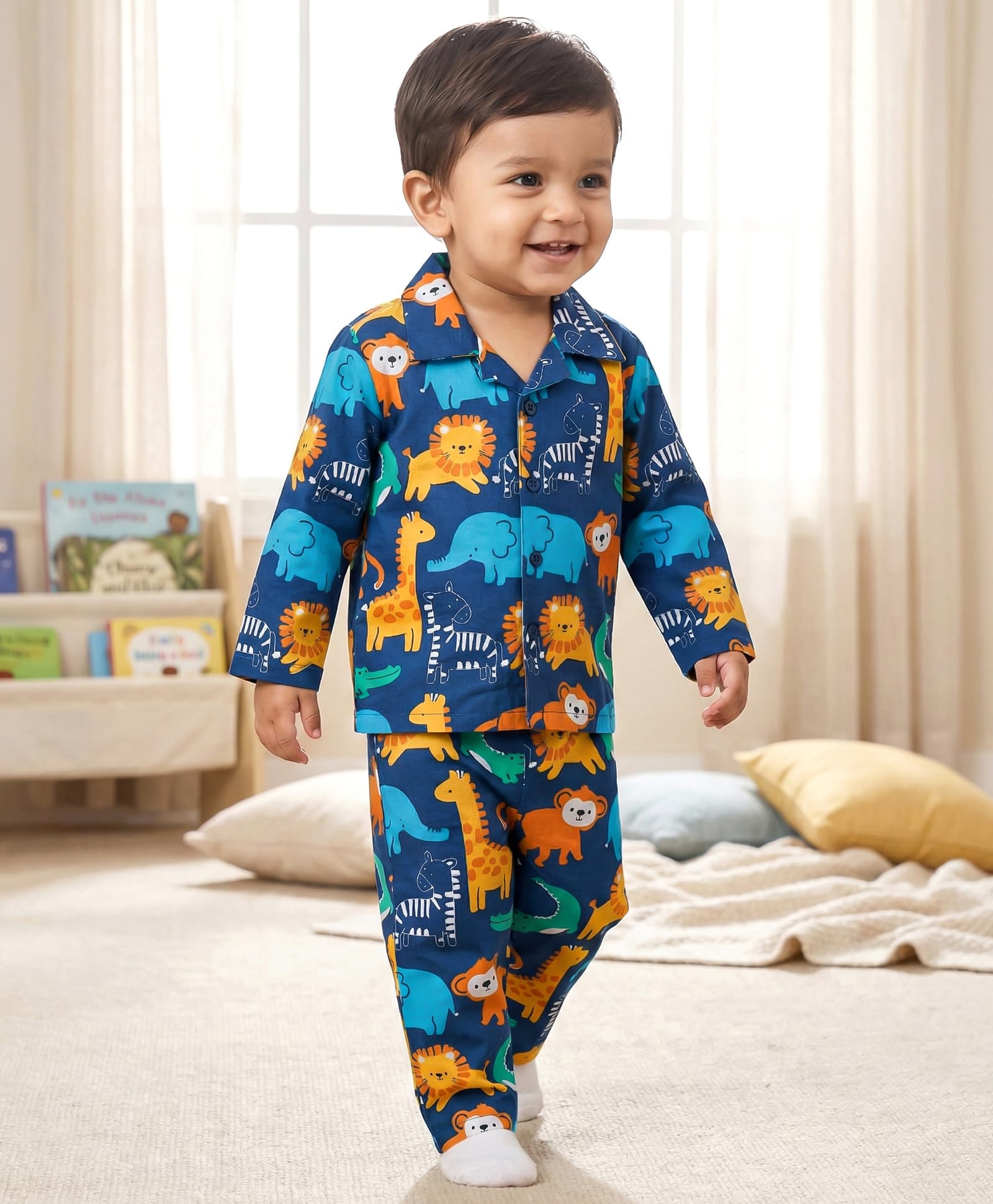 Babyhug Cotton Knit Full Sleeves Shirt & Pyjama Night Suit with Animals Print - Navy Blue-image-17