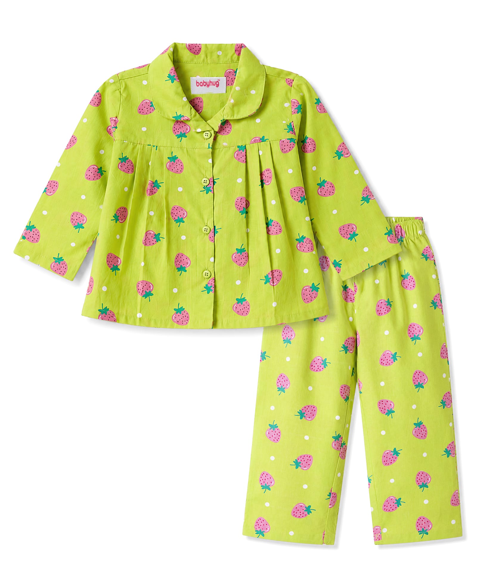 Babyhug Cotton Woven Full Sleeves Strawberry Printed Co-Ords Top & Pyjama Night Suit - Lime Green-image-13