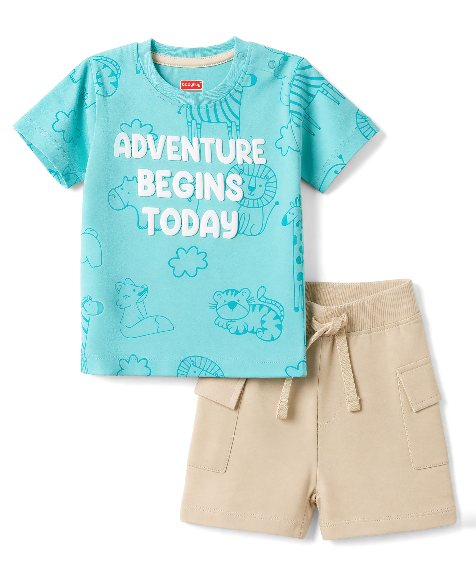 Babyhug Single Jersey Knit Half Sleeves Text Embossed & Animals Printed T-Shirt & Shorts Set - Aqua-image-26