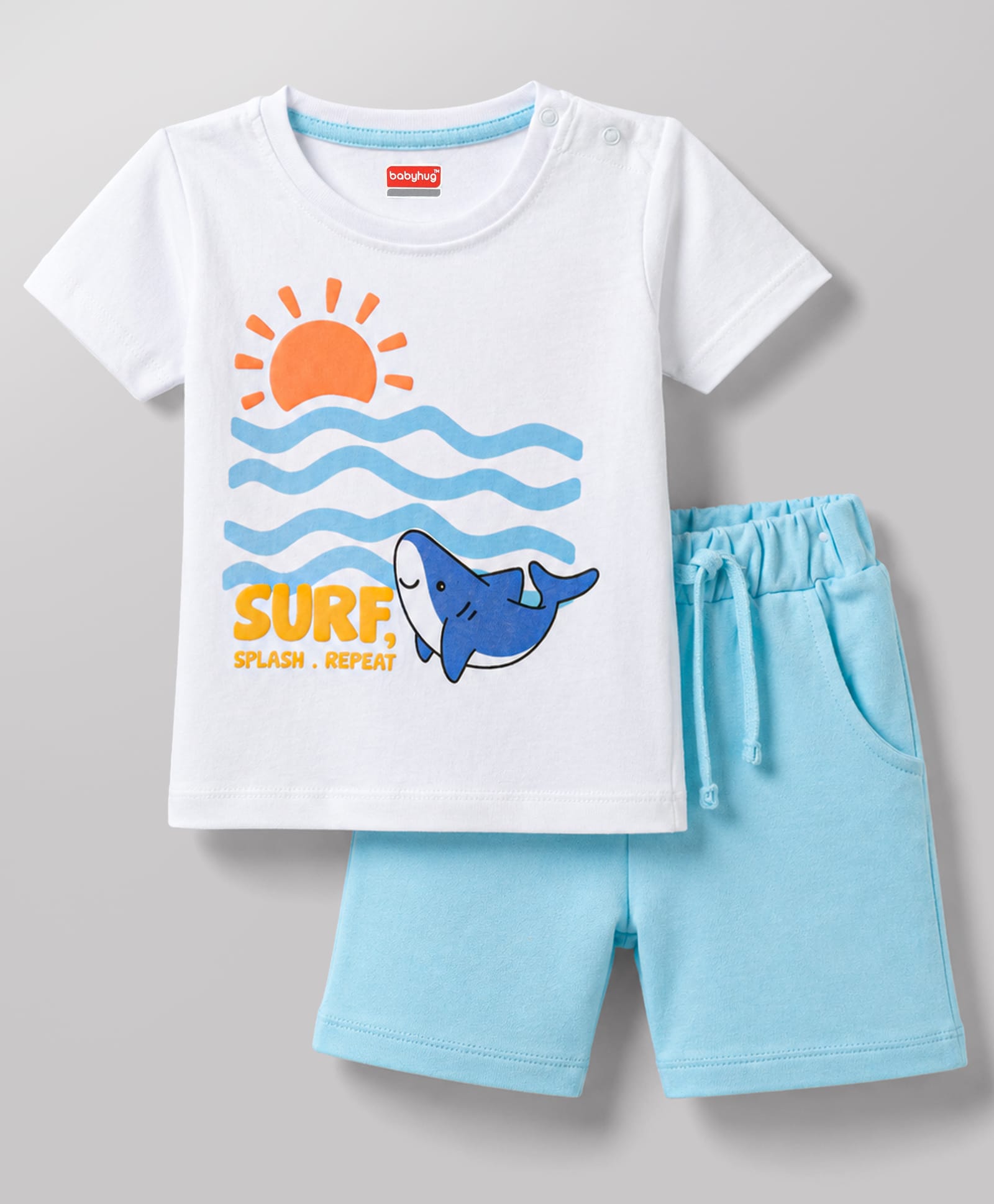 Babyhug 100% Cotton Knit Half Sleeves Sea Life Printed T-Shirt & Shorts Set - White & Light Blue-image-40