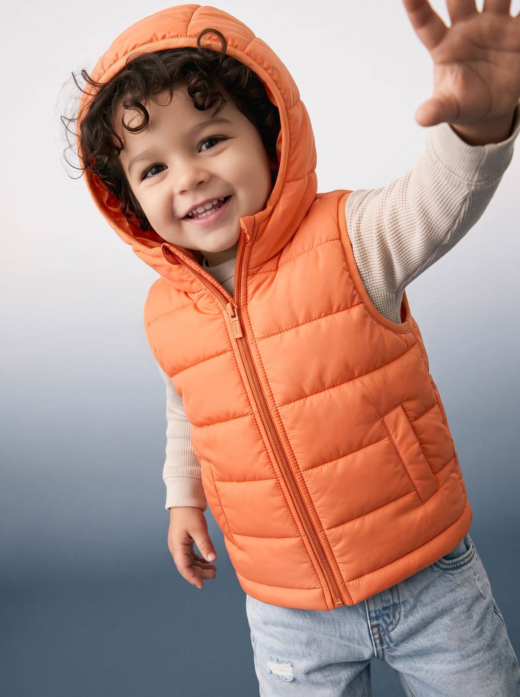 Babyhug Woven Sleeveless Solid Colour Hooded Padded Jacket - Orange-image-22