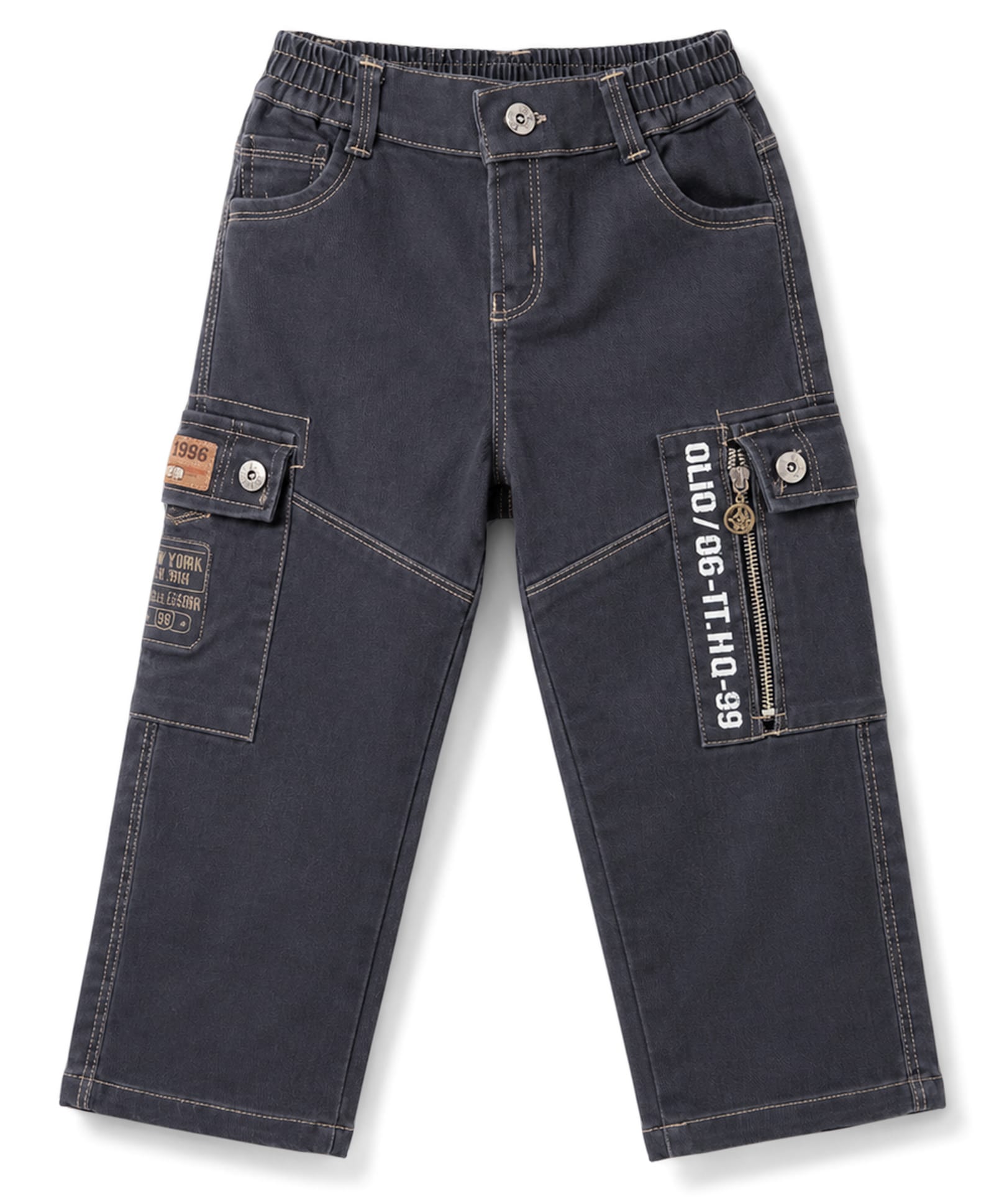 Olio Kids Denim Woven Full Length Jeans with Cargo Pockets - Black-image-22