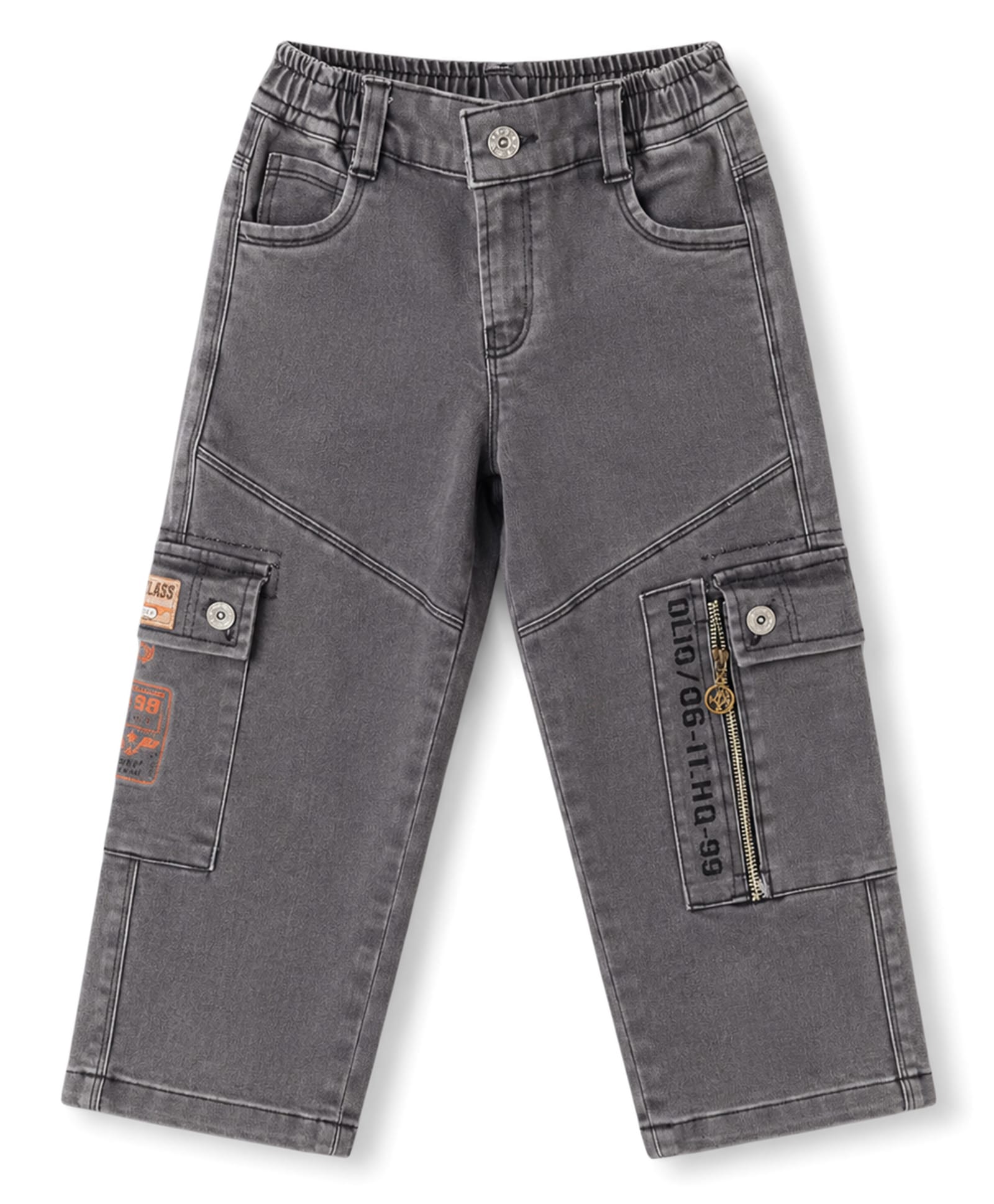Olio Kids Denim Woven Full Length Jeans with Cargo Pockets - Grey-picture-11