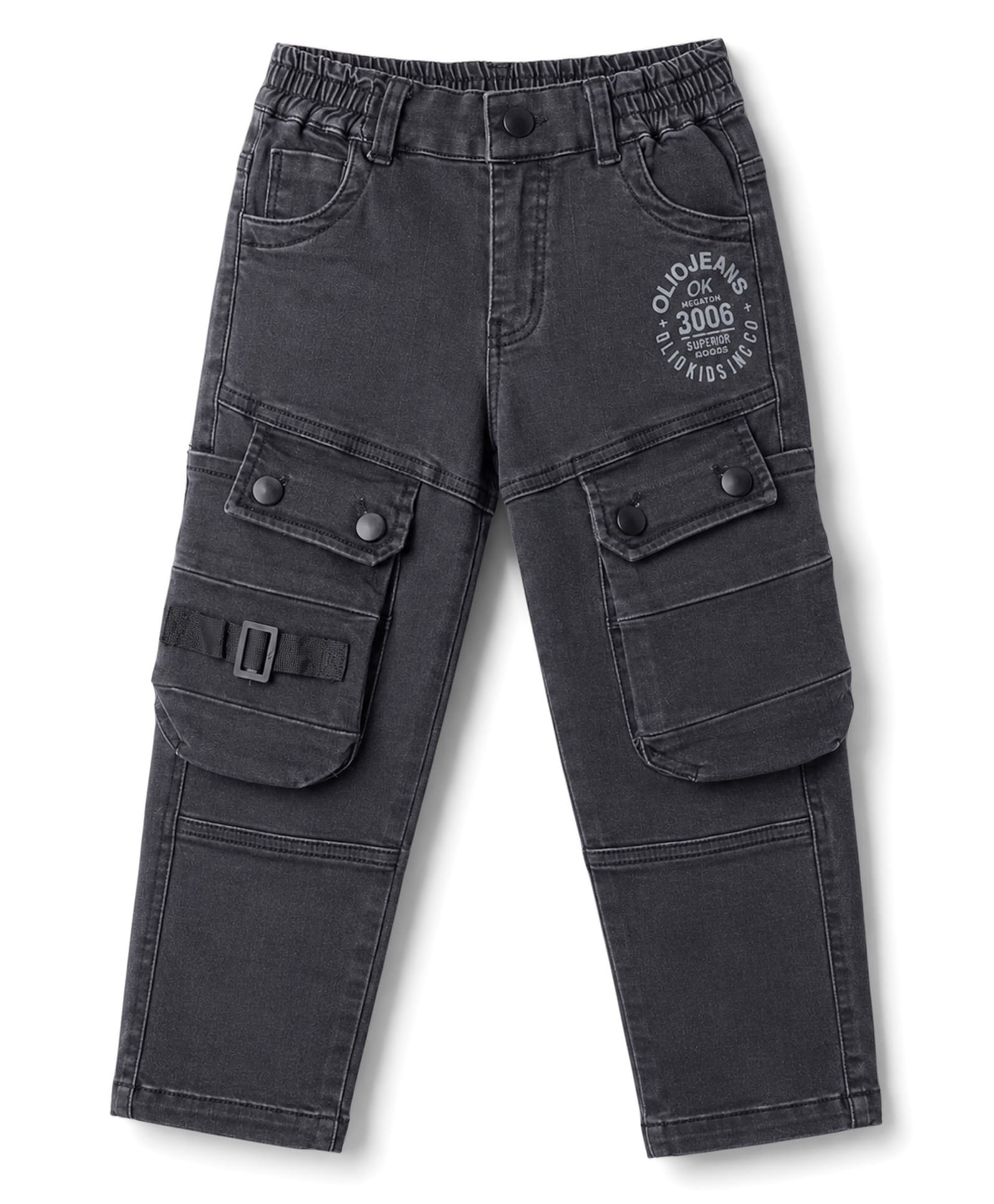 Olio Kids Denim Woven Full Length Jeans with Cargo Pockets - Black-picture-16