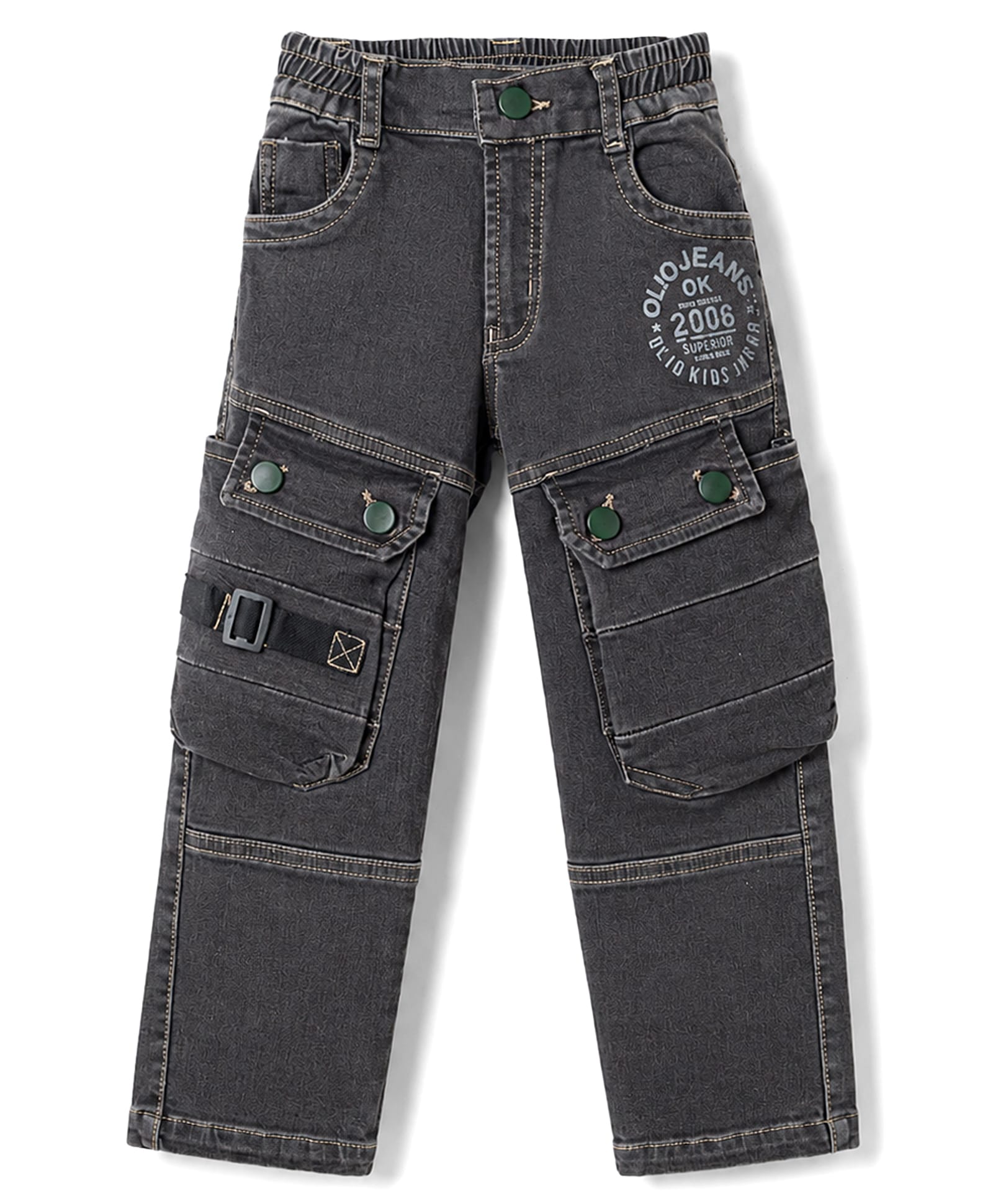 Olio Kids Denim Woven Full Length Jeans with Cargo Pockets - Grey-picture-27