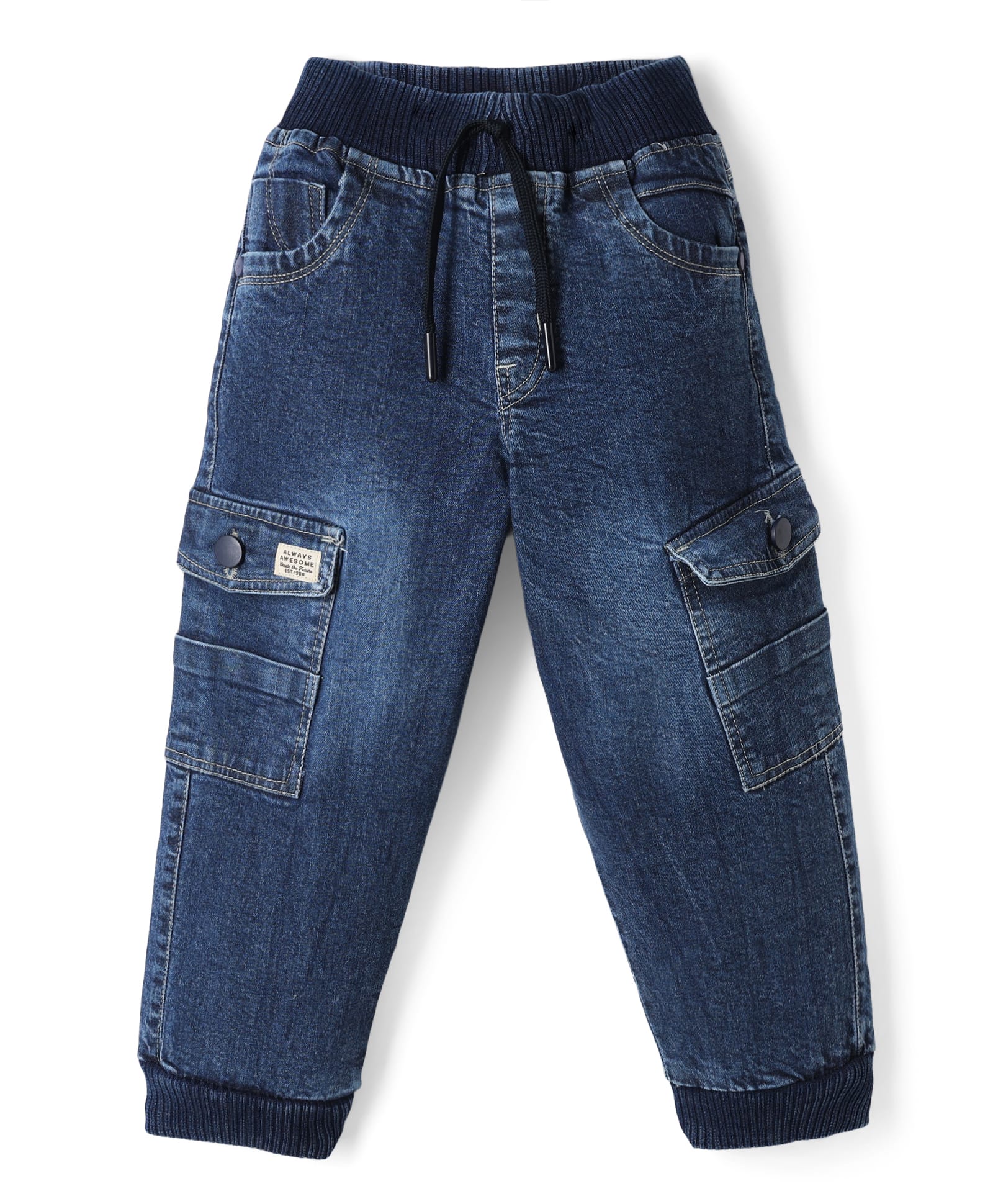 Olio Kids Denim Woven Full Length Jeans with Cargo Pockets - Navy Blue-image-28