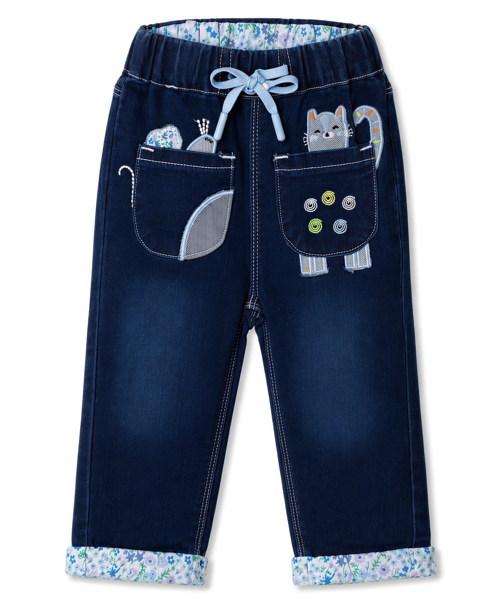 Olio Kids Denim Woven Full Length Jeans with Cat Embroidery - Navy Bue-picture-18