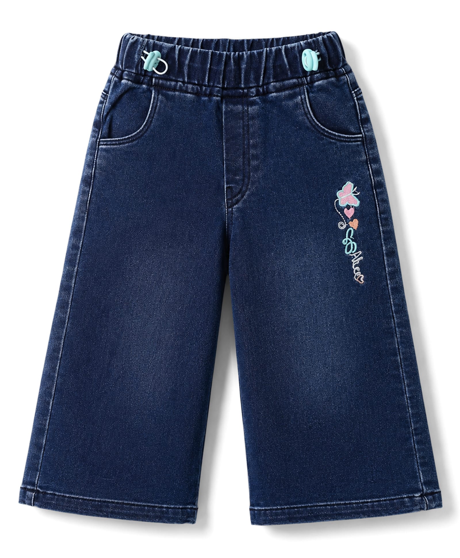 Olio Kids Denim Woven Full Length Jeans with Floral Embroidery - Navy Bue-picture-14